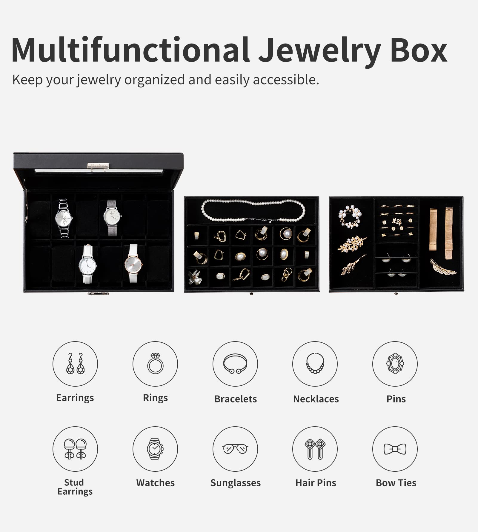 Premium PU Leather Jewelry Box & Watch Organizer - 3-Layer Wooden Storage Case for Men & Women - Perfect for Display, Travel, and Business Gifts (Black)