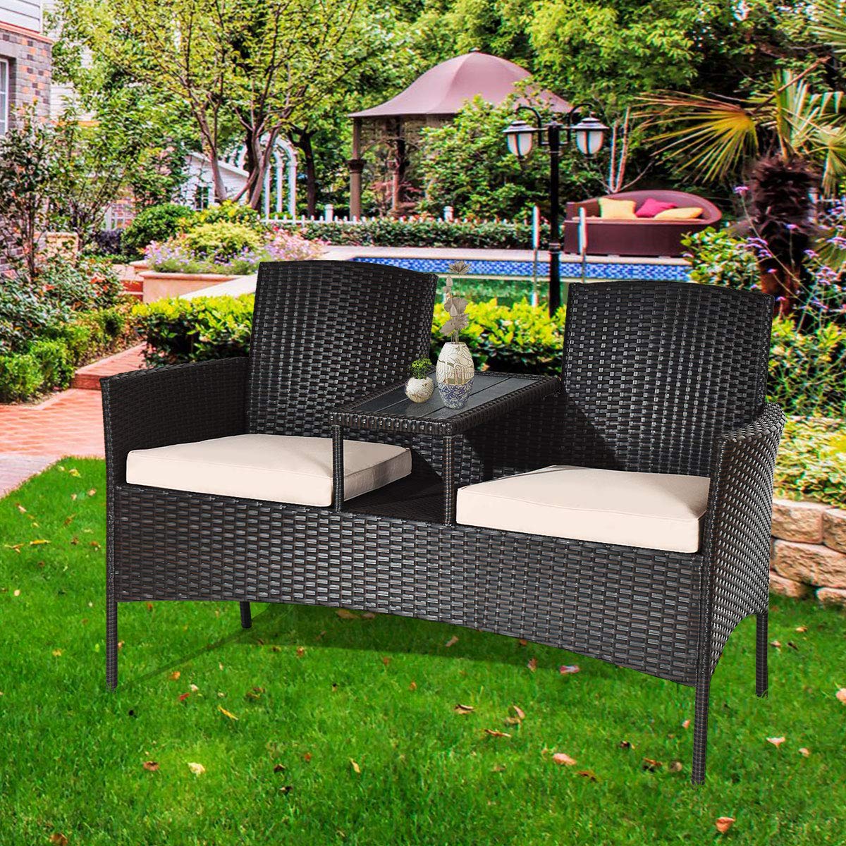 Modern Moccha Wicker Patio Conversation Set with Removable Beige Cushions & Coffee Table - Outdoor Rattan Loveseat Sofa Set for Garden, Lawn, Backyard - Durable Plastic Table Top - Perfect for Relaxing, Entertaining & Outdoor Dining