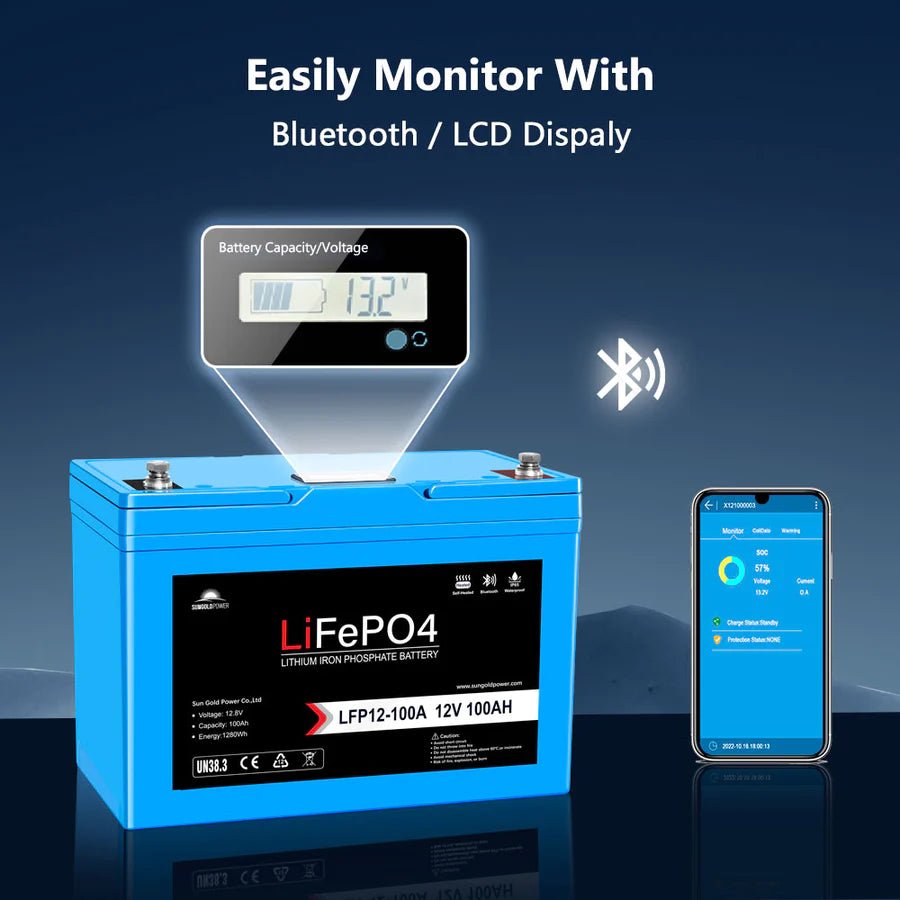 SunGoldPower 12V 100Ah LiFePo4 Deep Cycle Lithium Battery with Bluetooth, Self Heating & IP65 - Perfect for RVs, Solar Systems, Marine & Off-Grid Power Storage