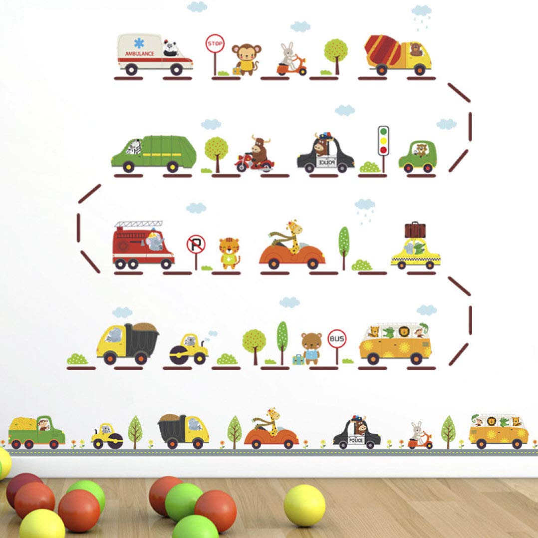 Road and Cars Cartoon Wall Decals - Peel and Stick Removable Wall Stickers for Kids Room, Nursery, Bedroom & Living Room Decor | Fun Transportation Theme for Boys' Bedroom, Playroom & Classroom