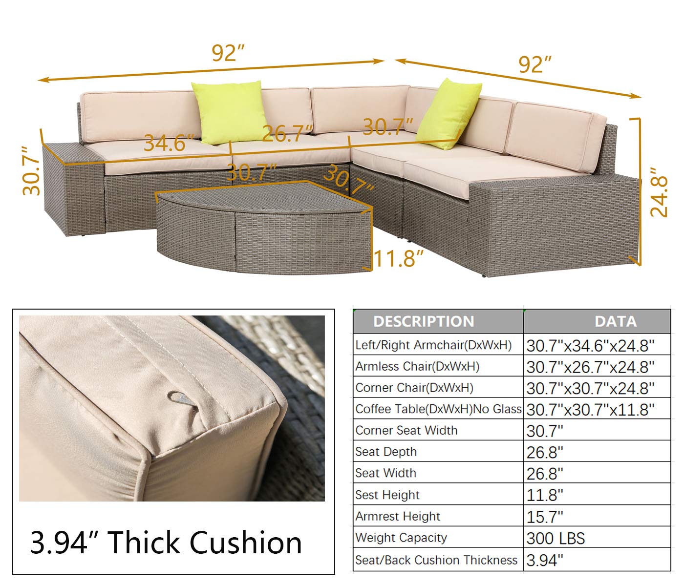 PatioFestival 6-Piece All-Weather PE Rattan Outdoor Sectional Sofa Set with Coffee Table & 3.9