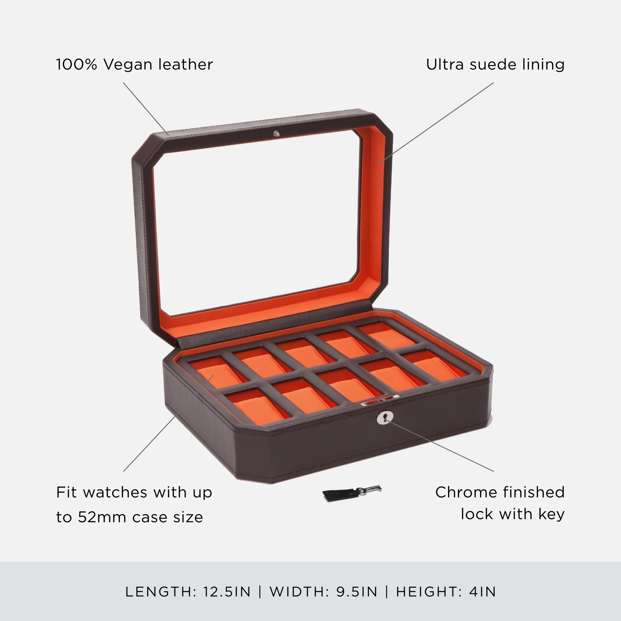 Premium WOLF Windsor 10-Slot Watch Organizer Box - Genuine Vegan Leather Storage Case for Men's Watches | Perfect for Travel, Gift & Luxury Watch Collection Display (Brown/Orange)