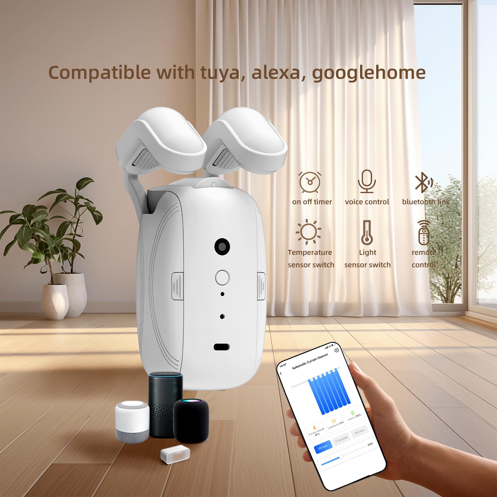 Smart Electric Curtain Opener & Closer - Automatic Bluetooth Motorized Curtain System for Roman/U/T Rails, Works with Alexa & Google Home, App/Timer Control, Remote Included - Perfect for Smart Homes, Bedrooms & Living Rooms