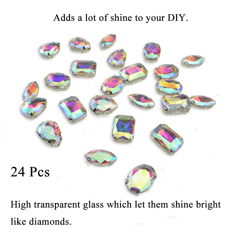 24-Piece Hahiyo Sew On Rhinestones Set - High Transparency Glass Mixed Shapes Crystal Gems with Metal Back Prong Setting for Jewelry Making, Dress Decoration, Arts & Crafts | Perfect for DIY Projects, Gift Giving & Costume Accessories