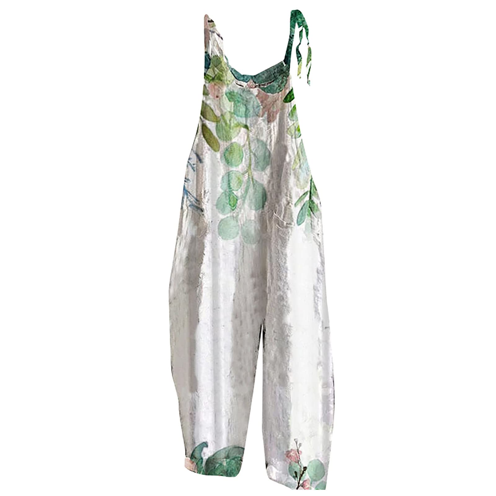 Women's Floral Cotton Spaghetti Strap Tie Cami Jumpsuit - Sleeveless Casual Baggy Overalls for Summer Outings, Beach Vacations & Boho Style Fashion