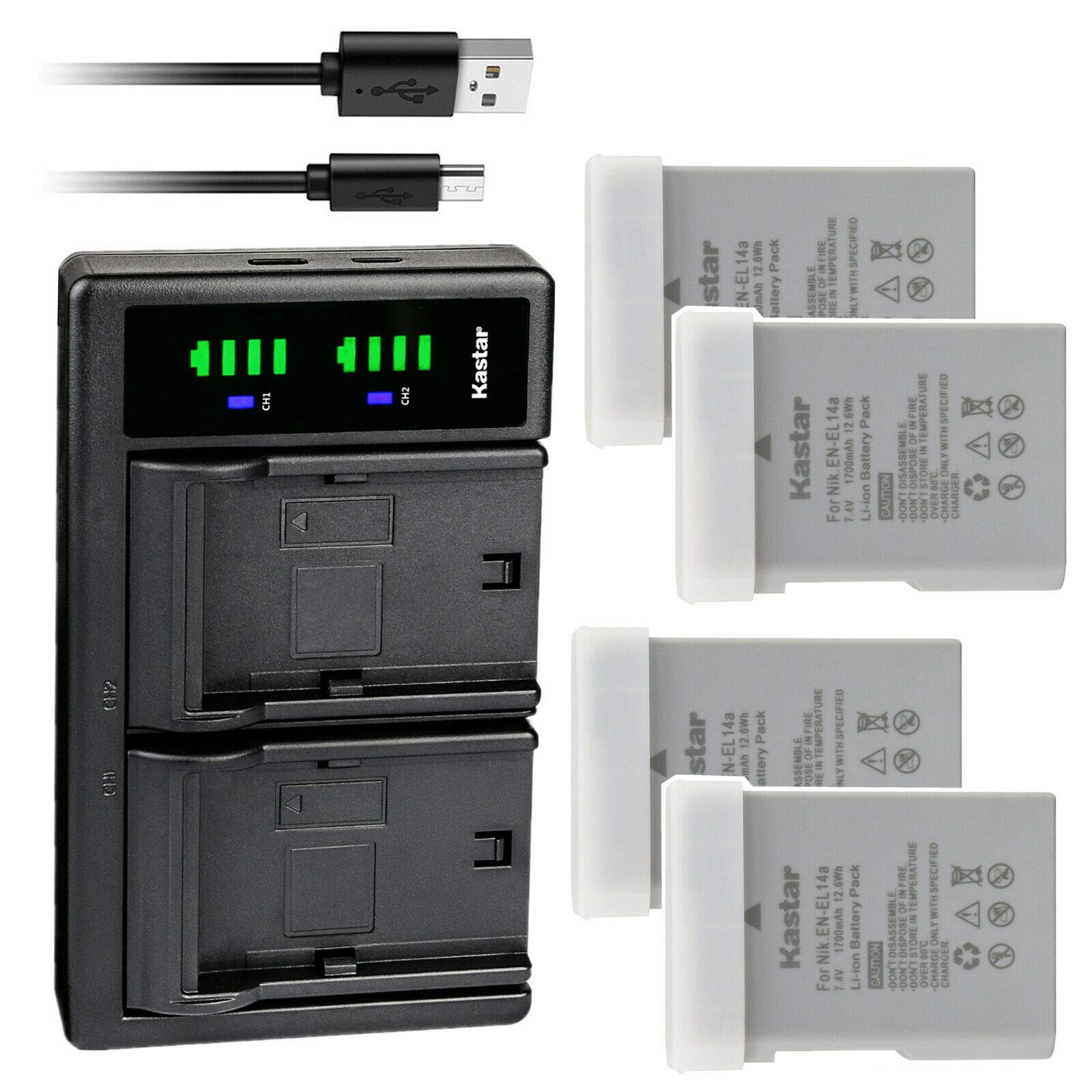 Kastar 4-Pack EN-EL14a Replacement Battery & LTD2 USB Charger Compatible with Nikon Coolpix P7700/P7800, D3100/D3200/D3300/D3400 DSLR Cameras - Perfect for Travel Photography & Professional Shooting