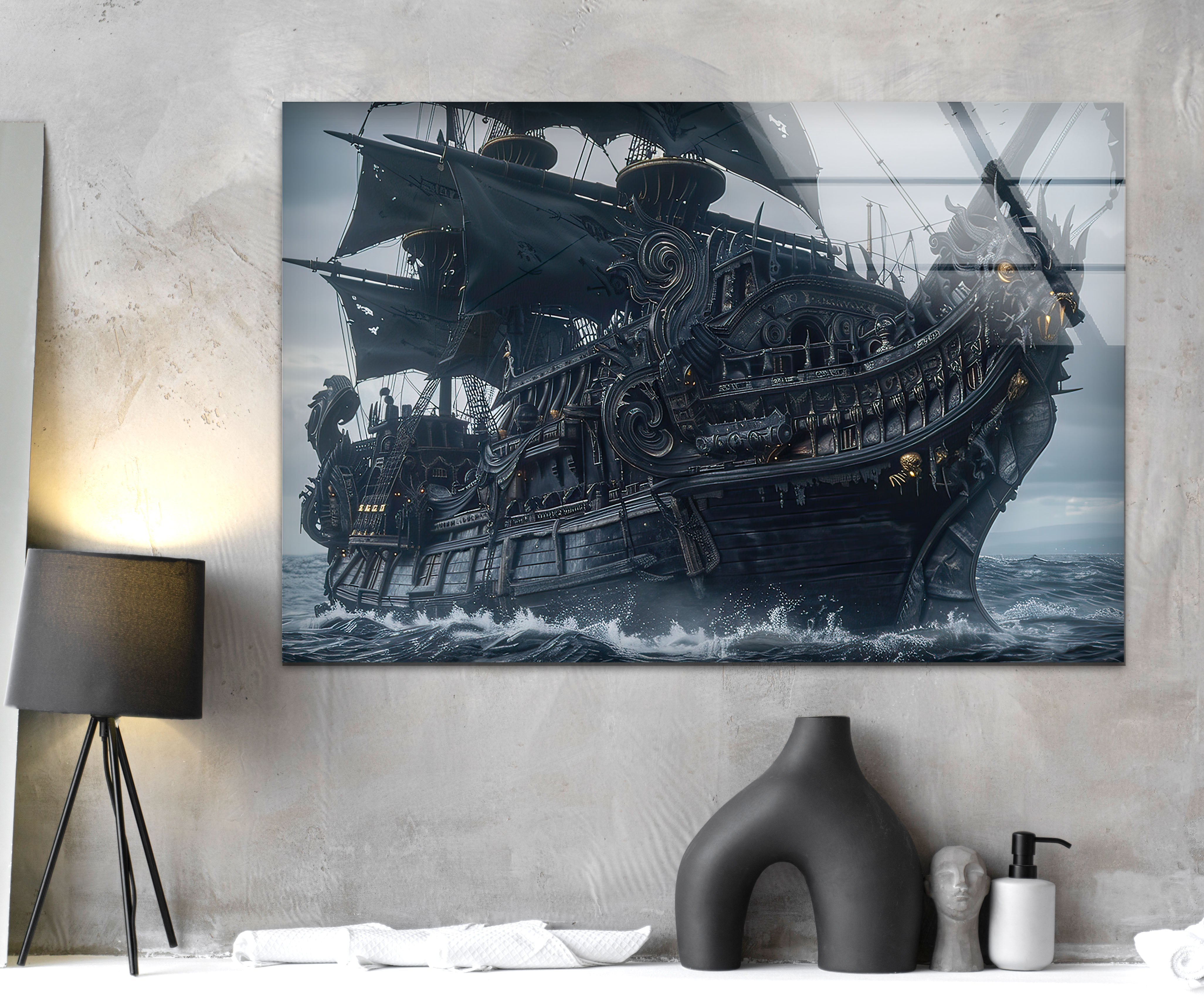Large Pirate Ship Glass Wall Art Decor - Nautical Theme Stained Glass Window Hanging for Living Room, Bedroom, or Office