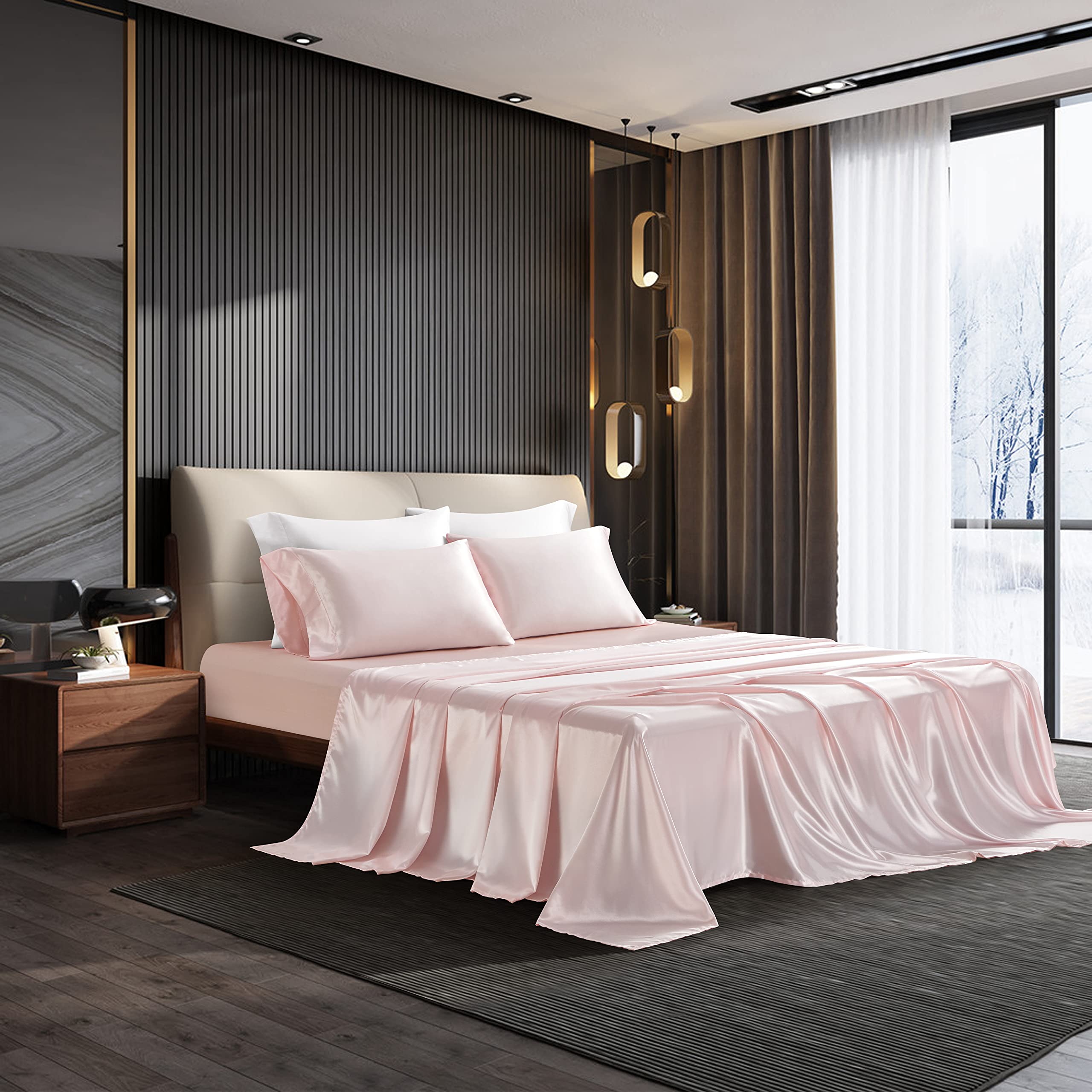 NA HommxJF 4PCS Blush Pink Satin Sheets Queen Size - Soft Silky Bedding Set Includes 1 Flat Sheet, 1 Deep Pocket Fitted Sheet & 2 Pillowcases - Lightweight Luxury Sheets for Bedroom Decor, Wedding Gift or Guest Room Upgrade