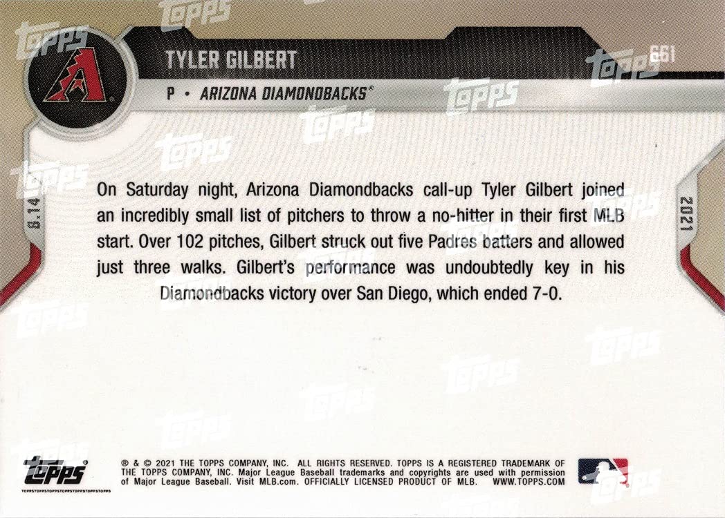 2021 Topps Now Baseball #661 Tyler Gilbert Pre-Rookie Card - Arizona Diamondbacks Pitcher Throws No-Hitter in First MLB Start | Collectible Sports Memorabilia for Baseball Fans and Card Collectors - Perfect for Display, Trading, and Investment