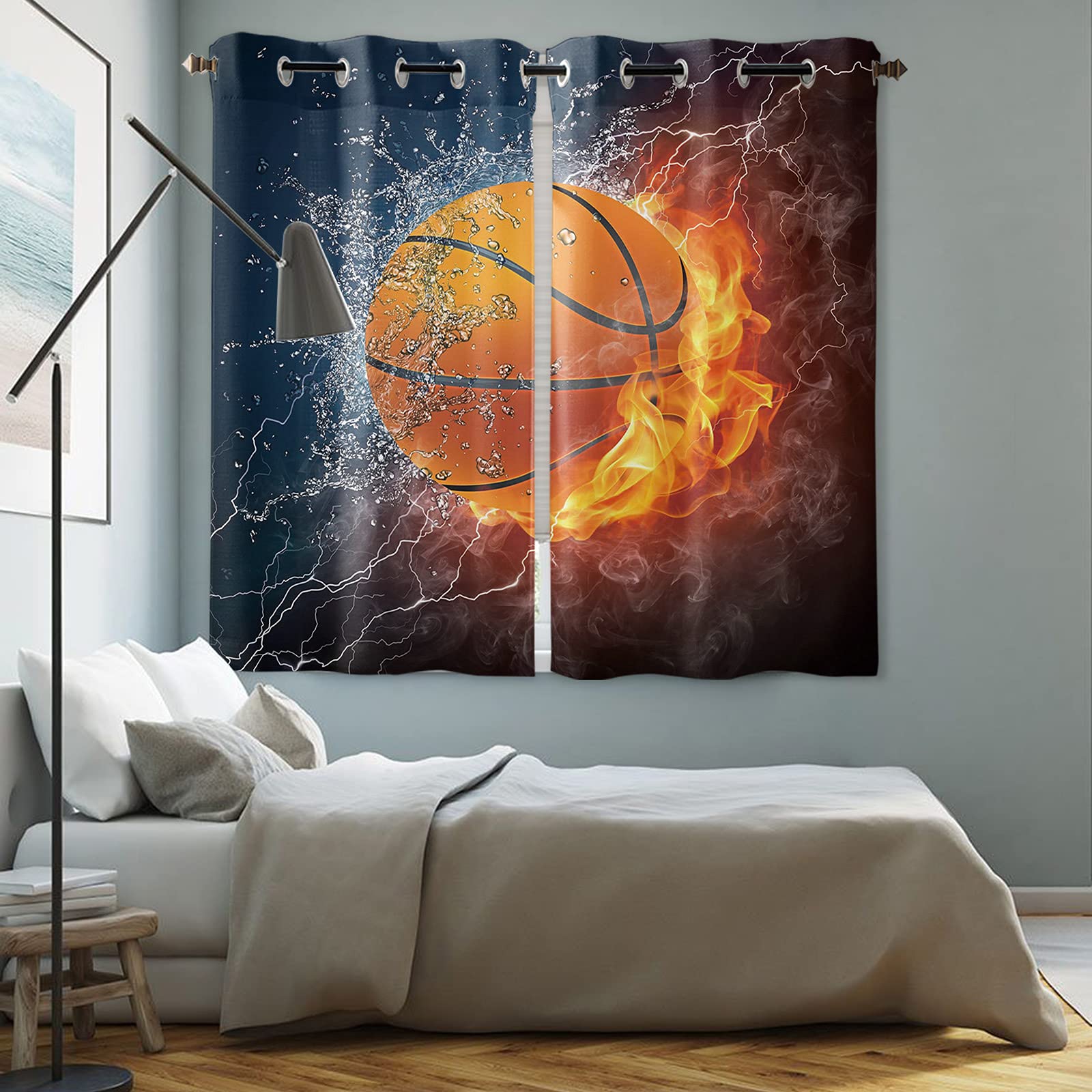 Basketball Themed Curtains for Boys Room - 2 Panel Flame & Fire Design Window Drapes (80W x 63L Inch) - Perfect for Bedroom, Living Room & Cafe Decor - Ideal for Sports Fans & Teen Room Makeovers
