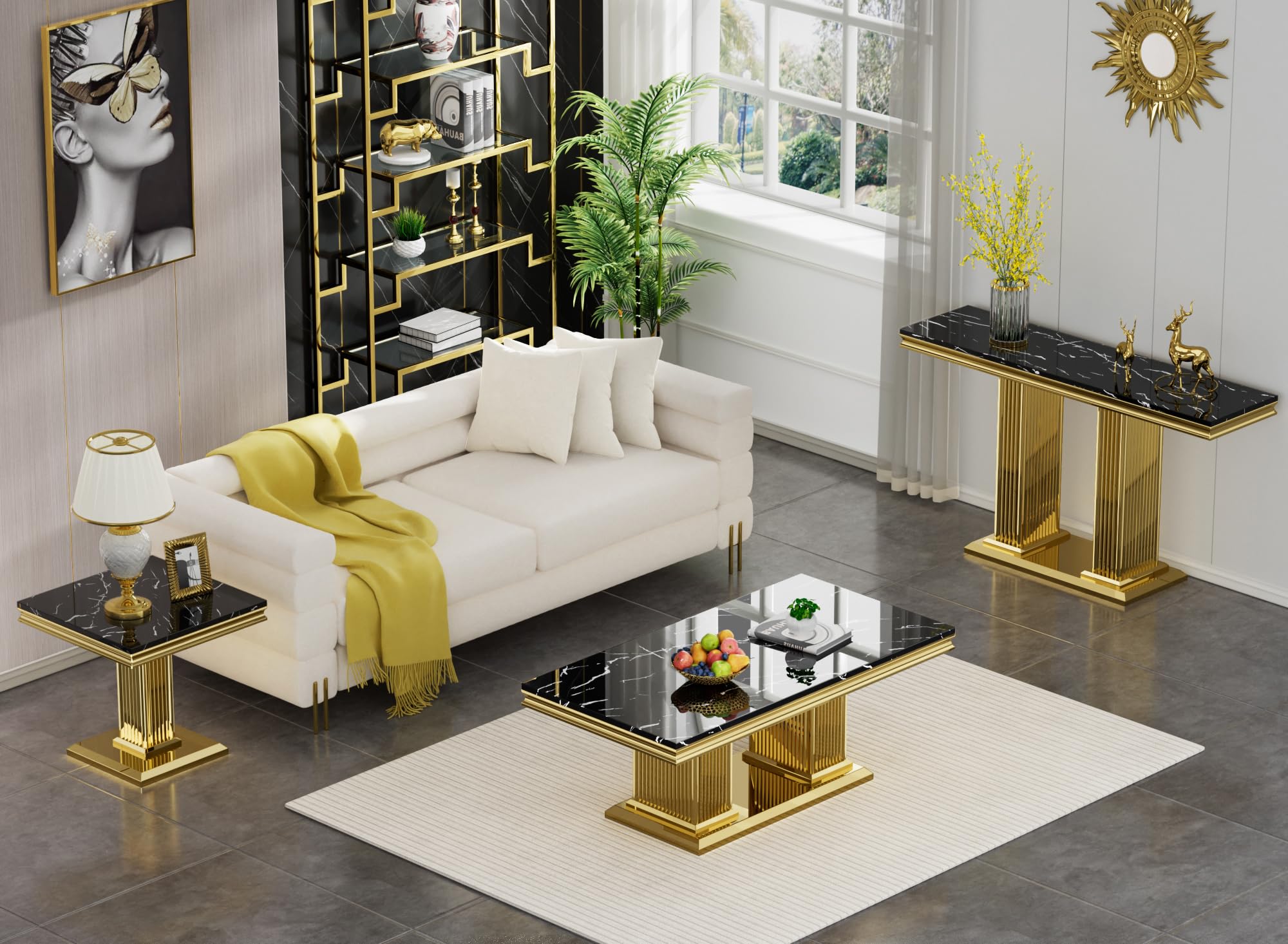 3-Piece Modern Faux Marble Coffee Table Set - Black & Gold Living Room Table Set with Stainless Steel Column Base (Coffee Table, Console Table, End Table) for Home Office, Lounge & Reception Areas