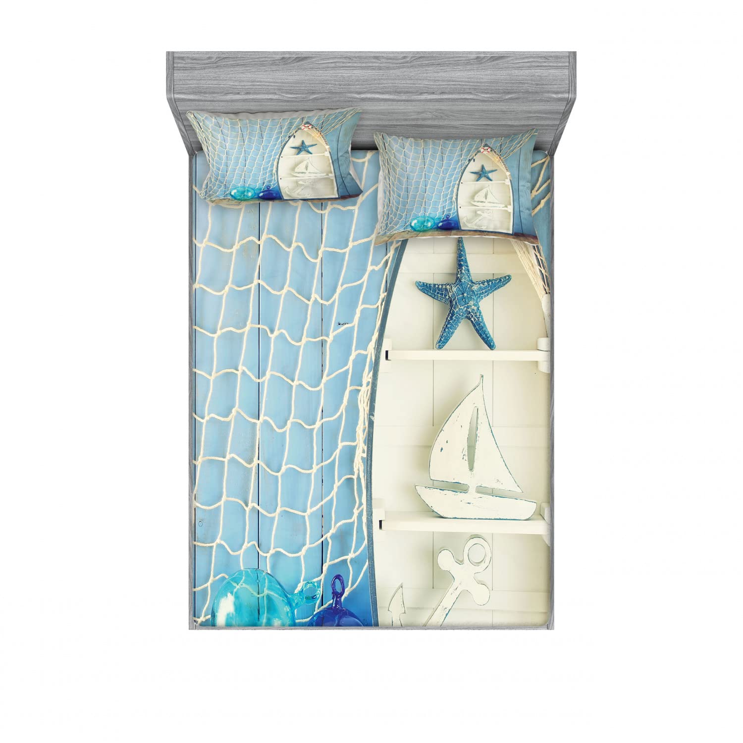 Ambesonne 2-Pack Nautical Fitted Sheet & Pillow Sham Set - Marine Starfish Design, Blue & White 4-Piece Bedding Decor (2 Full Size Fitted Sheets + 4 Pillow Covers) for Coastal Themed Bedroom, Guest Room or Beach House Decor