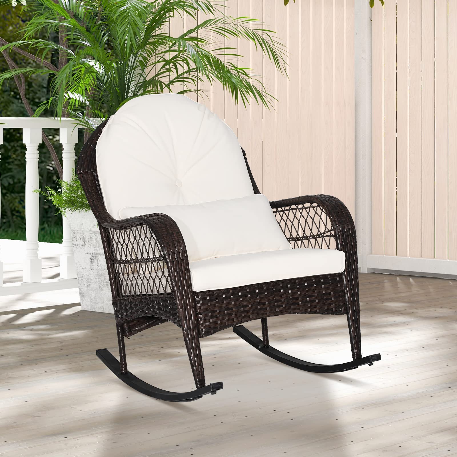 Tangkula Outdoor Wicker Rocking Chair with Cushions - Patio Rattan Rocker with Seat Back & Waist Pillow, Sturdy Metal Frame, Mix Brown Color - Perfect for Balcony, Porch, Backyard, Garden Relaxation (1, Off White)