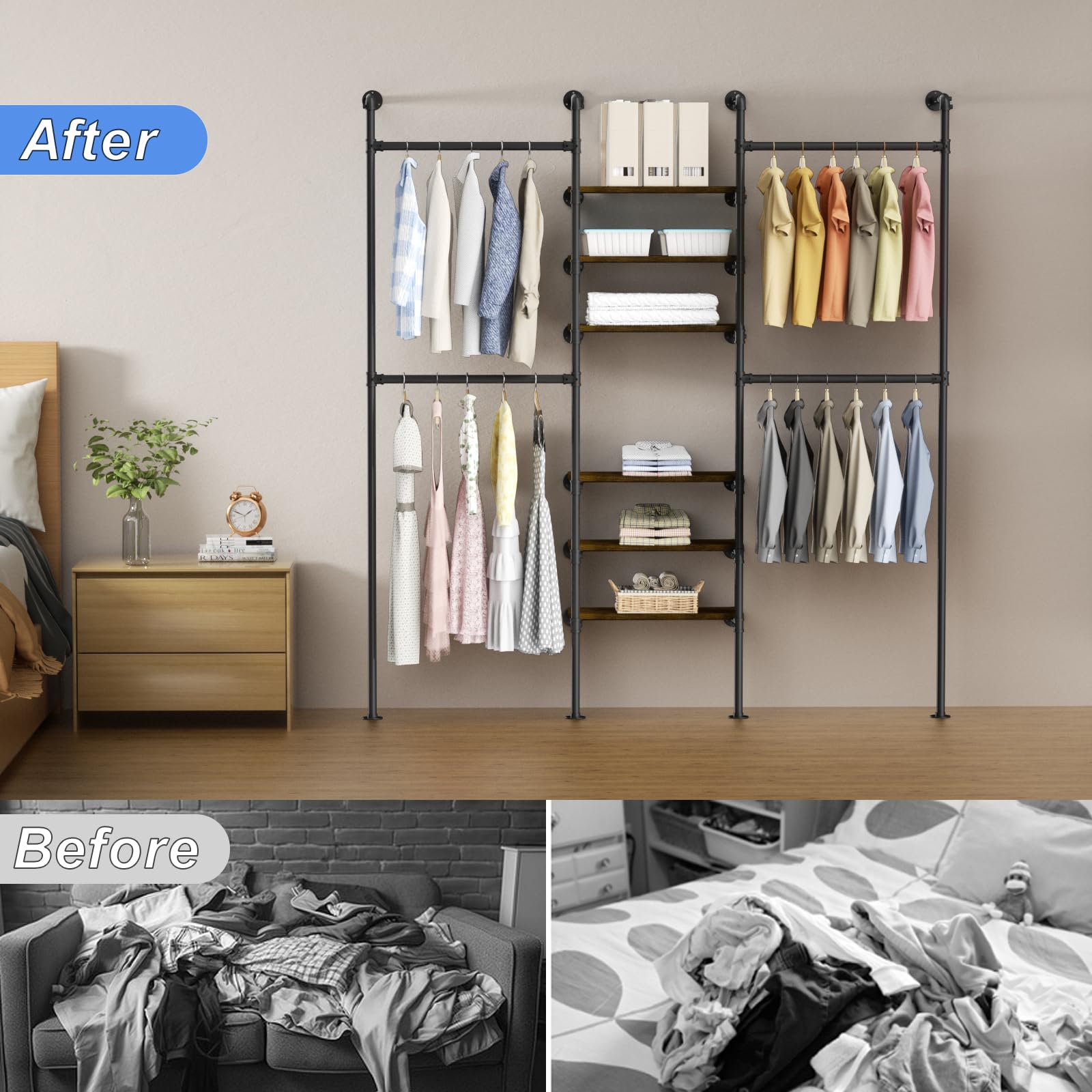 Heavy Duty Industrial Pipe Clothing Rack - Wall Mounted Garment Rack with Shelves for Closet & Wardrobe Organization | Walk-in Closet System for Home, Laundry Room & Commercial Use