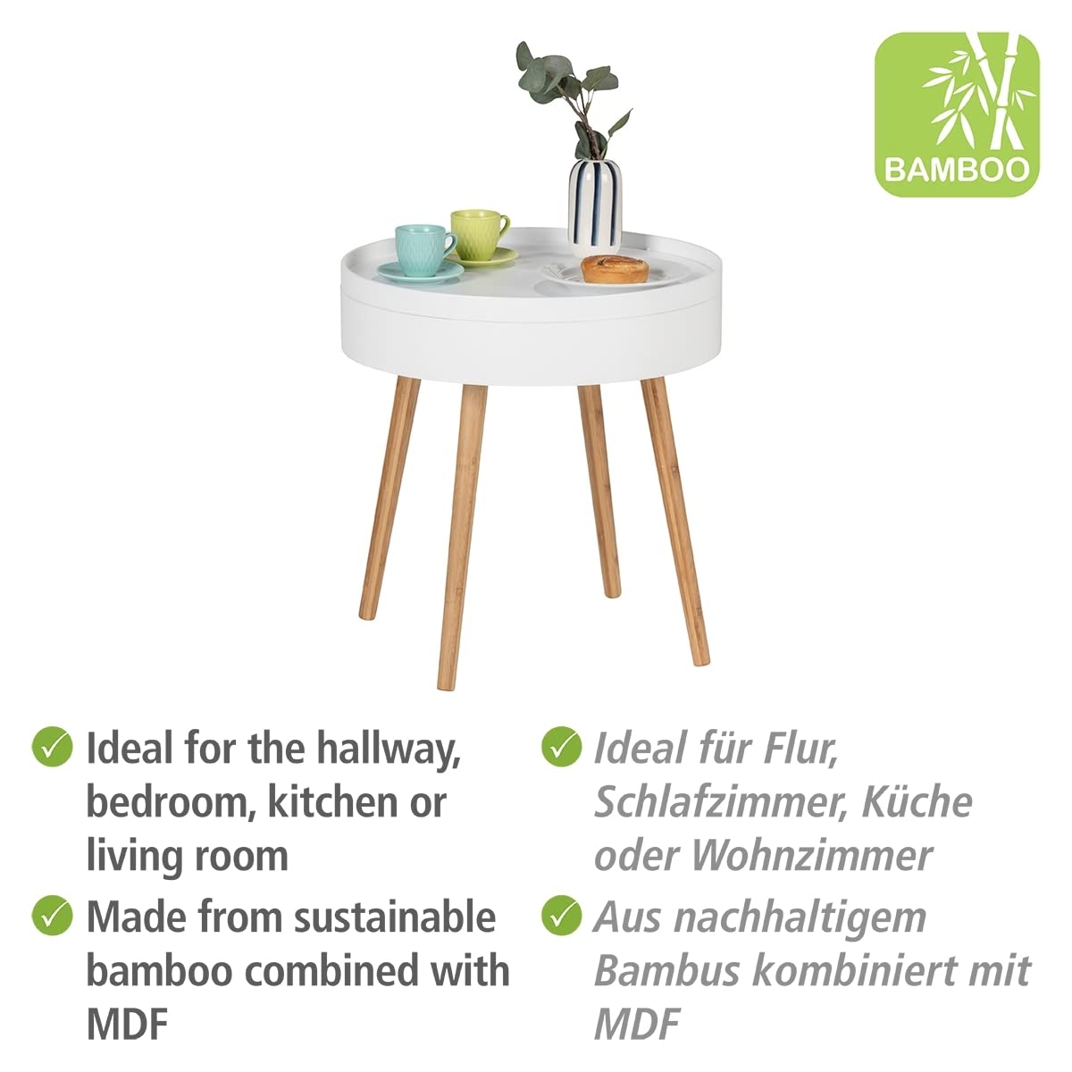 WENKO Finja Bamboo Side Table with Tray & Storage - Natural Wood Coffee Table, Nightstand for Living Room, Bedroom - 19.5