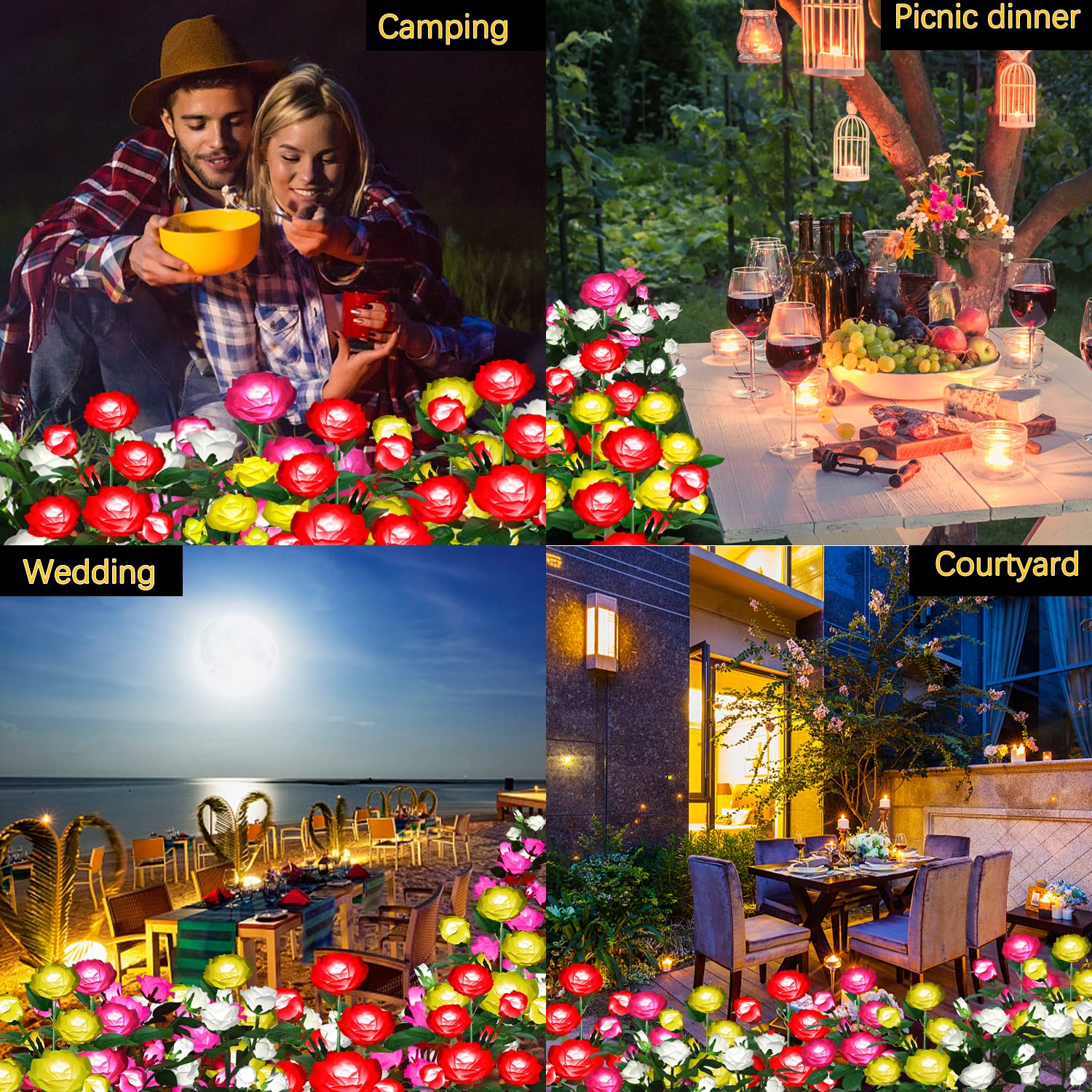 7 Rose Flower Solar Garden Lights - Waterproof Outdoor Stake Lights for Pathway, Patio, Yard & Landscape Decor - Enhanced Solar Panel, White - Perfect for Romantic Evenings & Garden Accent Lighting