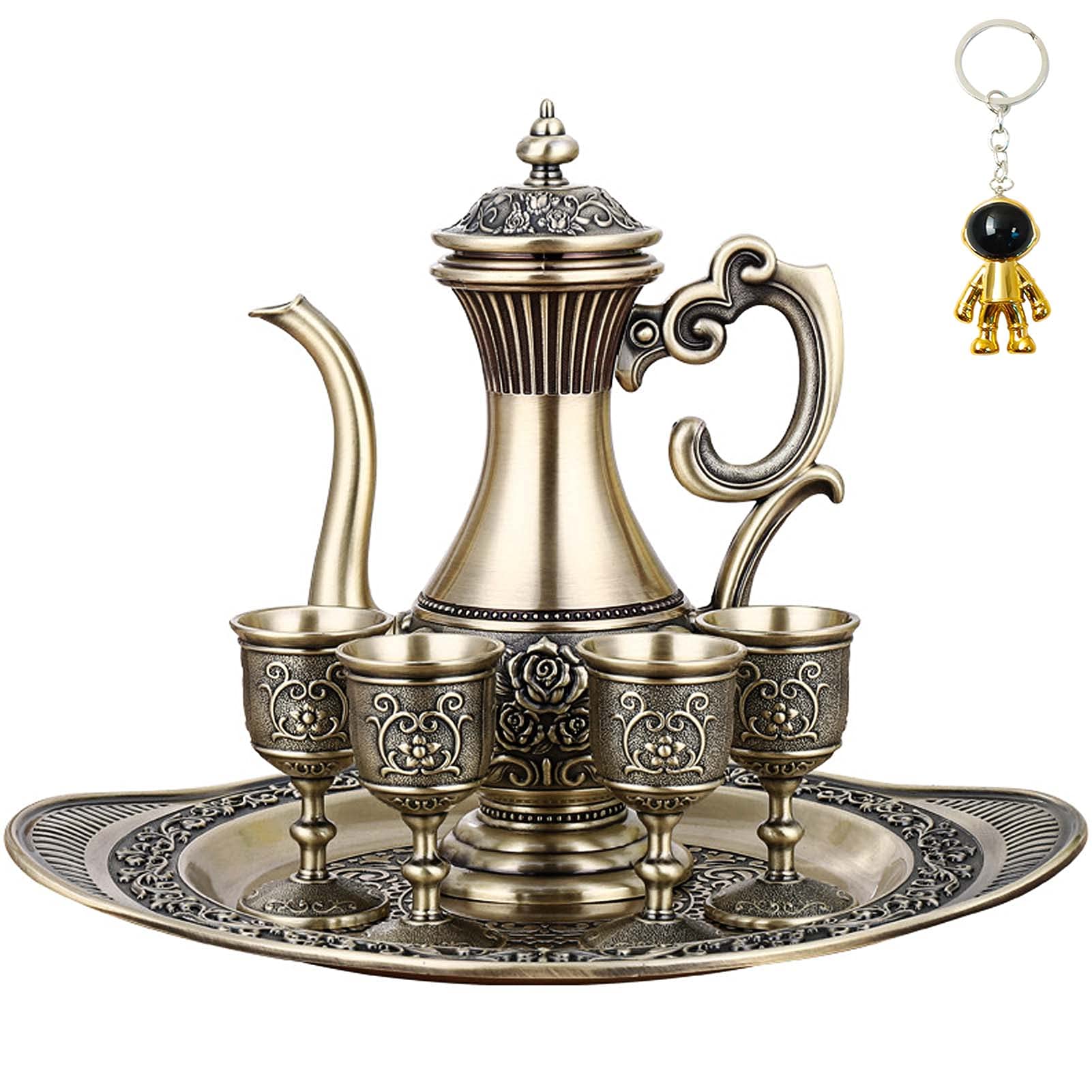 Vintage 4-Piece Tea Pot Set with Tray, Turkish Coffee Pot & Metal Cups - Elegant Teapot and Cup Set for Home, Kitchen, or Office Tea Table Decor | Perfect for Afternoon Tea, Hosting Guests, and Turkish Coffee Ceremonies