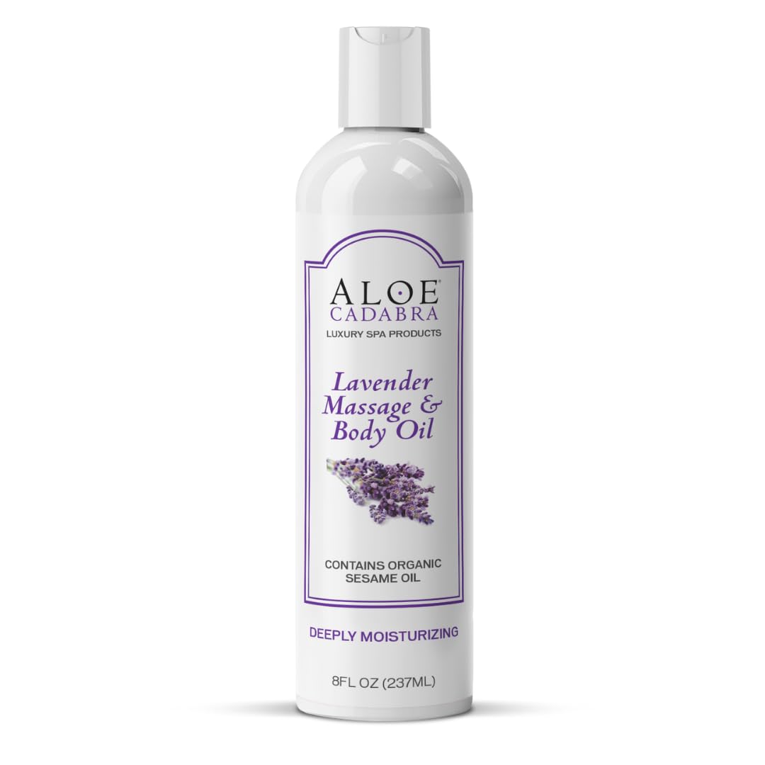 Aloe Cadabra Natural Body Massage Oil for Men & Women - Relaxing Therapeutic Aromatherapy with Lavender Essential Oil, Moisturizing Bath & Body Oil (8 Fl Oz) - Perfect for Couples Massage, Spa Nights & Self-Care Routines
