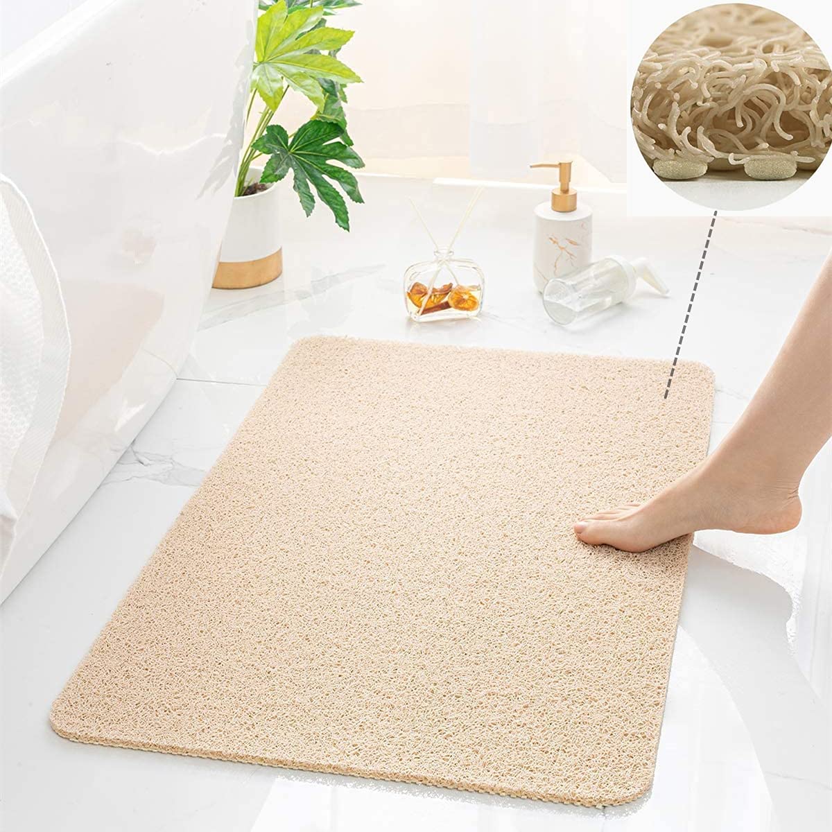 Non-Slip Shower Mat - Soft Textured Bath Mat with Quick Drain & Fast Drying | Phthalate-Free PVC Loofah Bathroom Mat (15.5
