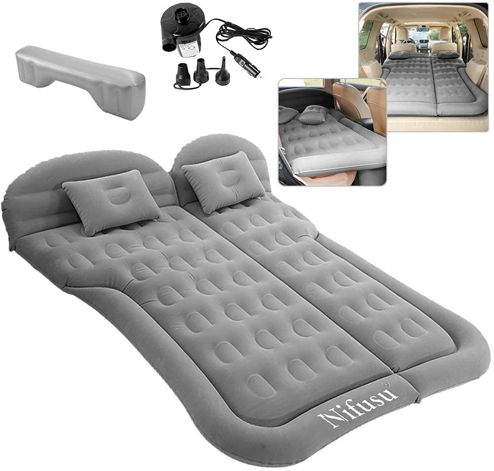 Nifusu SUV Air Mattress for Cars - Inflatable Thickened Backseat Mattress Fits 2 People | Double-Sided Flocking Air Bed with Built-in Pump | Portable Sleeping Pad for Road Trips, Camping & Outdoor Travel (Grey) - Perfect for Family Vacations & Adventure Getaways