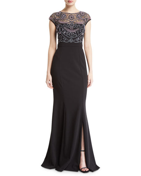 Aidan Mattox Black Pearly Beaded Cap Sleeve Bodice Gown | Elegant Evening Dress for Prom, Wedding & Special Occasions