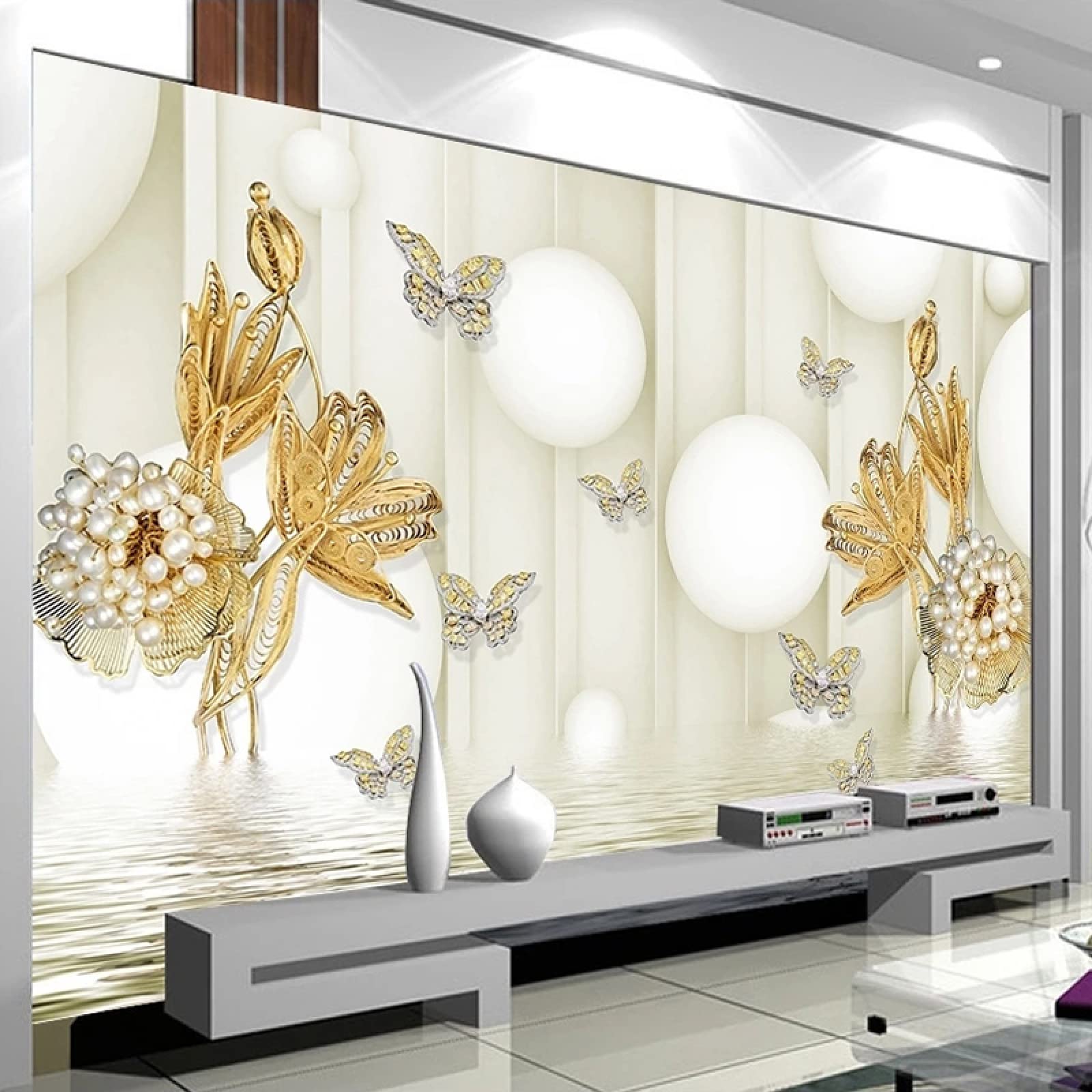 3D Golden Pearl Flower Butterfly Jewelry Wall Mural Wallpaper - 47x32 Inch Self-Adhesive Peel & Stick for Living Room TV Background, Bedroom, Dining Room Decor