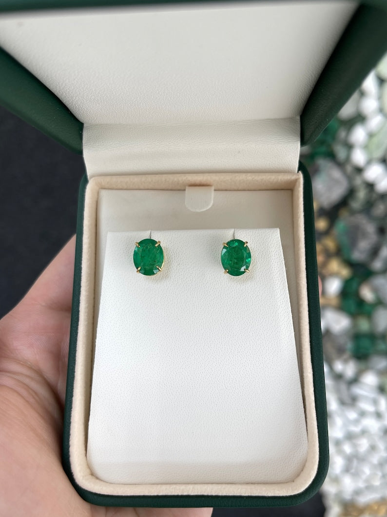 4.85tcw 18K Gold Vivid Dark Green Oval Cut Emerald Stud Earrings with Four Prong Claw Setting - Elegant Jewelry for Women, Perfect for Weddings, Parties & Special Occasions