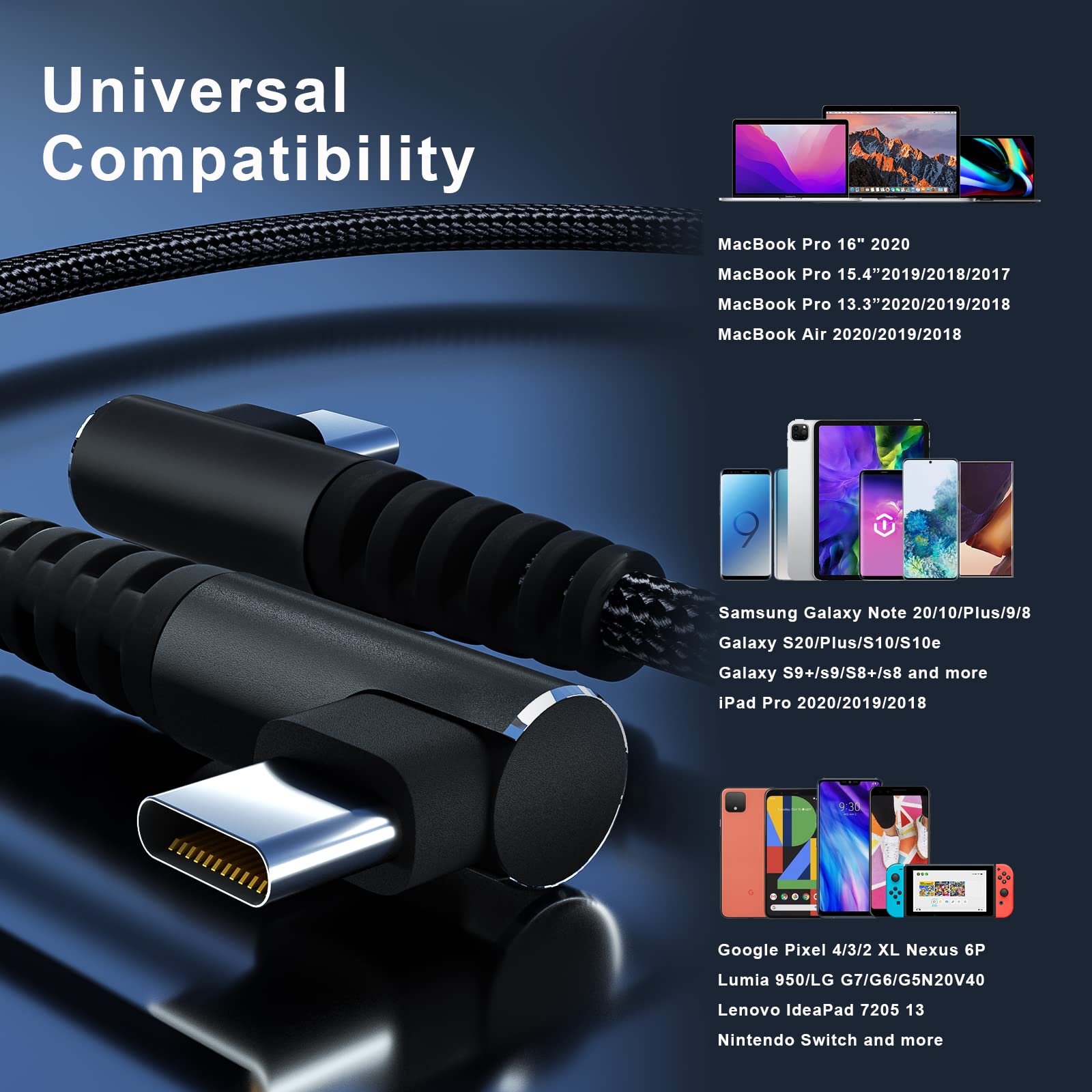 100W USB C to USB C Fast Charging Cable 1ft 3 Pack - 90 Degree Right Angle Nylon Braided Type C Cable - Compatible with MacBook Pro 2021, iPad Pro 2021, Samsung Galaxy, Google Pixel, LG - Perfect for Home, Office & Travel Charging