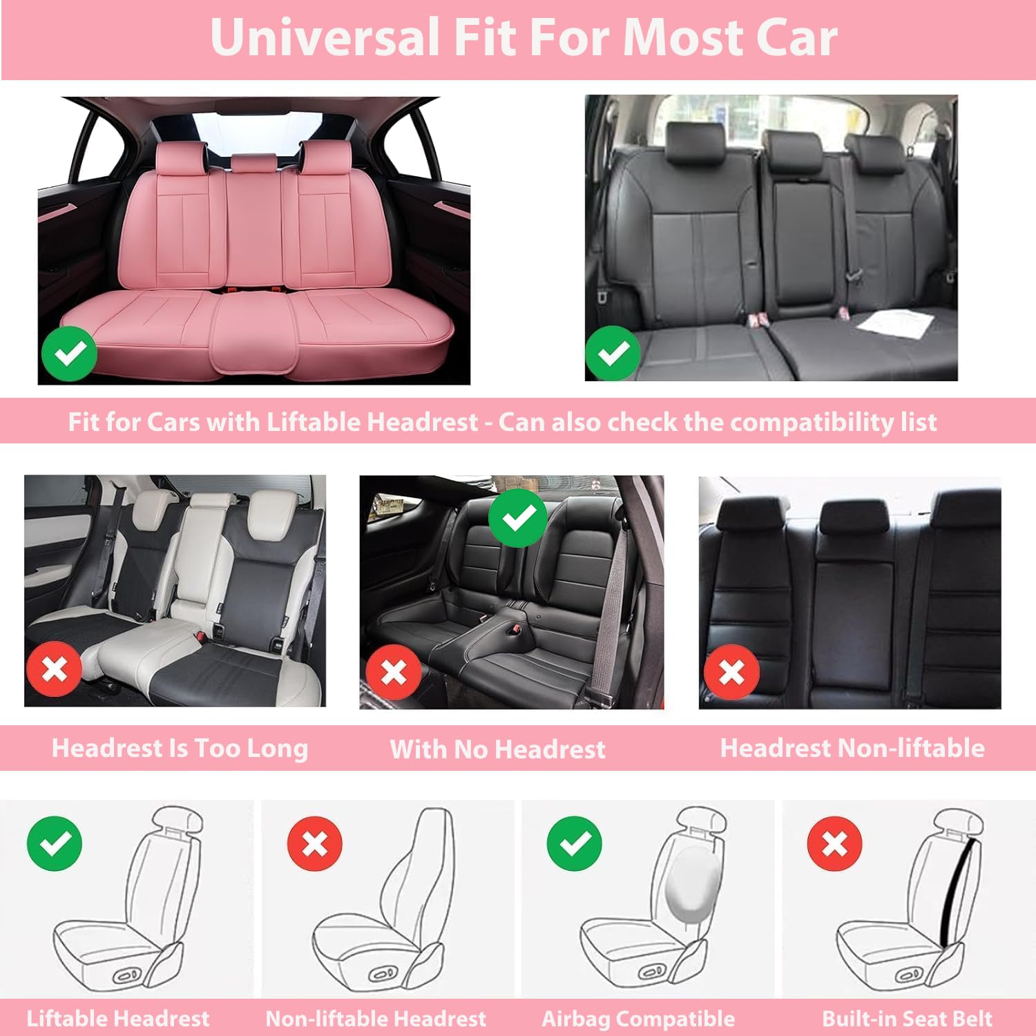 Premium Pink Nappa Leather Car Seat Covers - Waterproof, Airbag Compatible Universal Seat Protectors for SUV, Sedan & Truck | Luxury Comfort & Vehicle Protection (Pink, Full Set) - Perfect for Daily Commutes, Road Trips & Family Travel