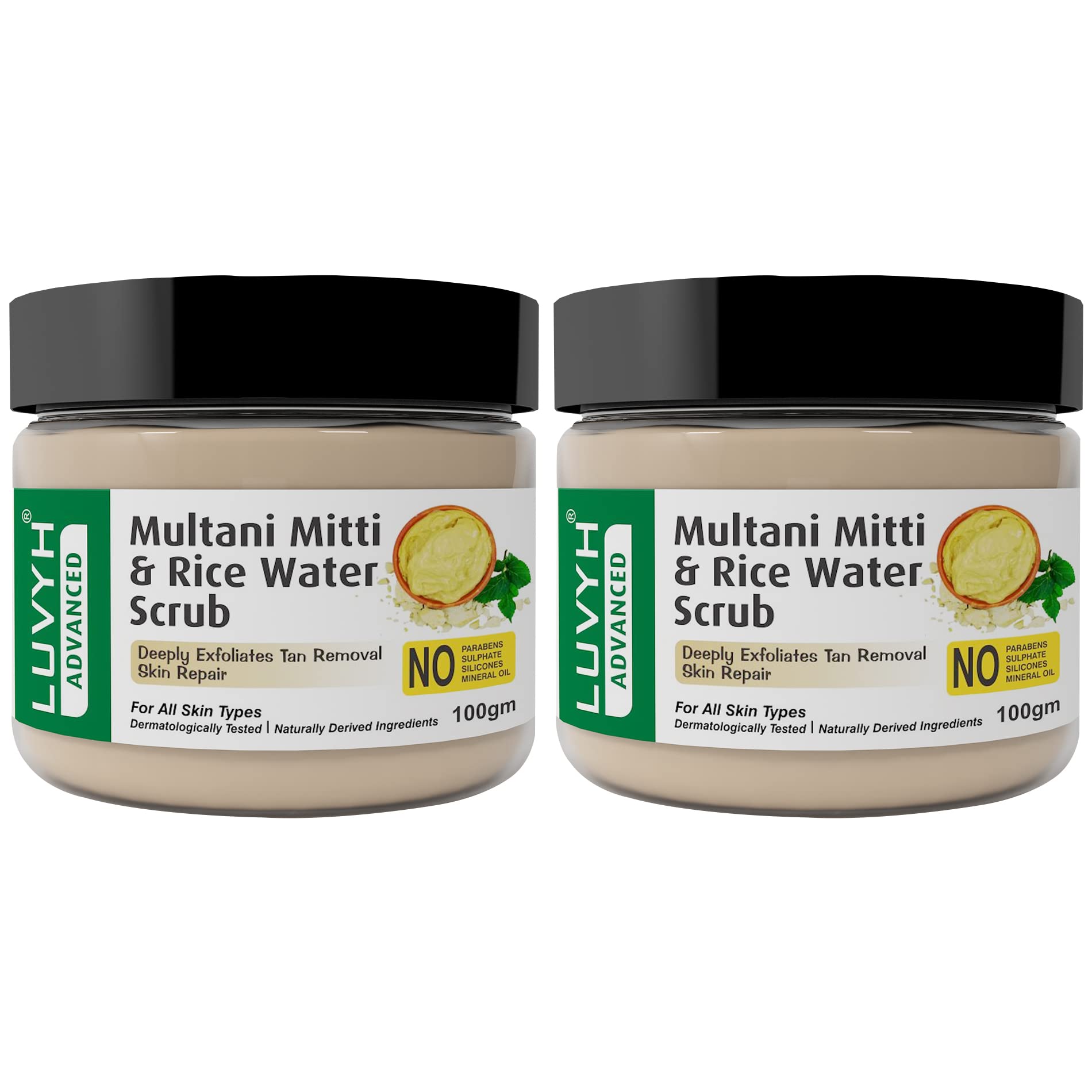 Luvyh Multani Mitti & Rice Water Face Scrub 200g (2 Pack) - Deep Cleansing for Blackheads & Whiteheads, All Skin Types - Paraben-Free, Sulfate-Free, Silicone-Free - Natural Exfoliator for Glowing Skin | Perfect for Daily Skincare & Acne Treatment