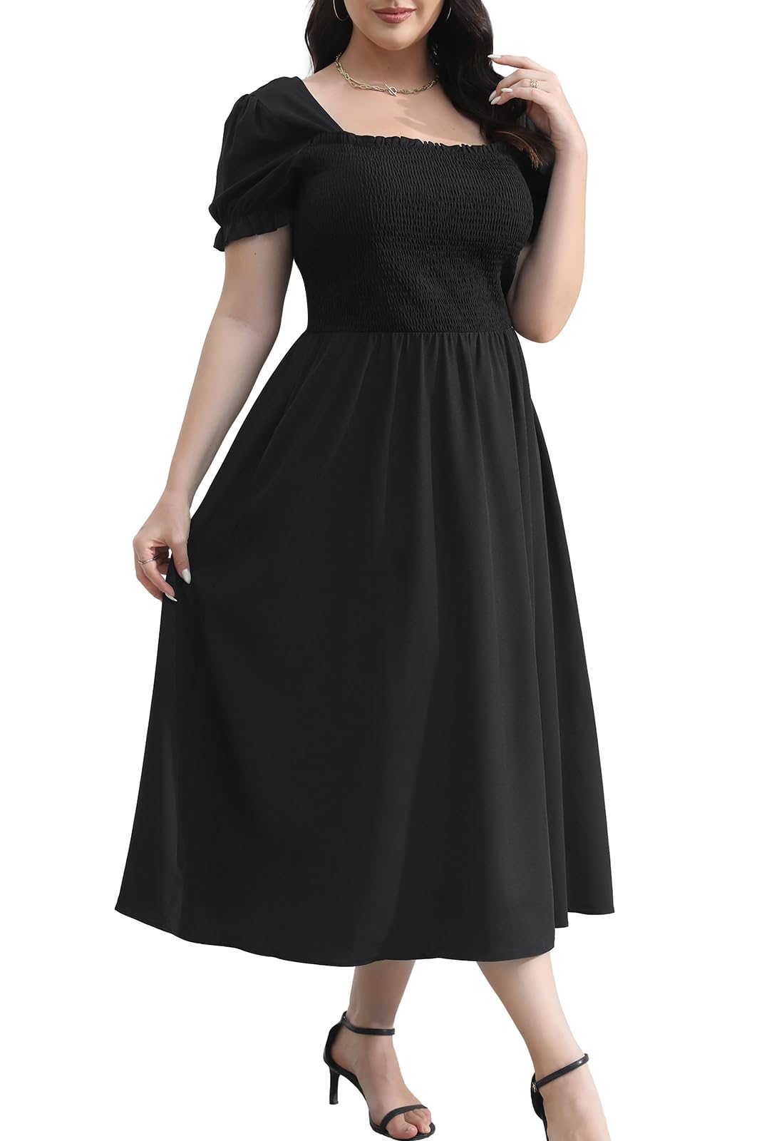 2025 Plus Size Women's Summer Casual Floral Dress - Smocked Midi Calf Length with Puff Sleeves & Pockets | Perfect for Beach Vacations, Garden Parties & Everyday Wear