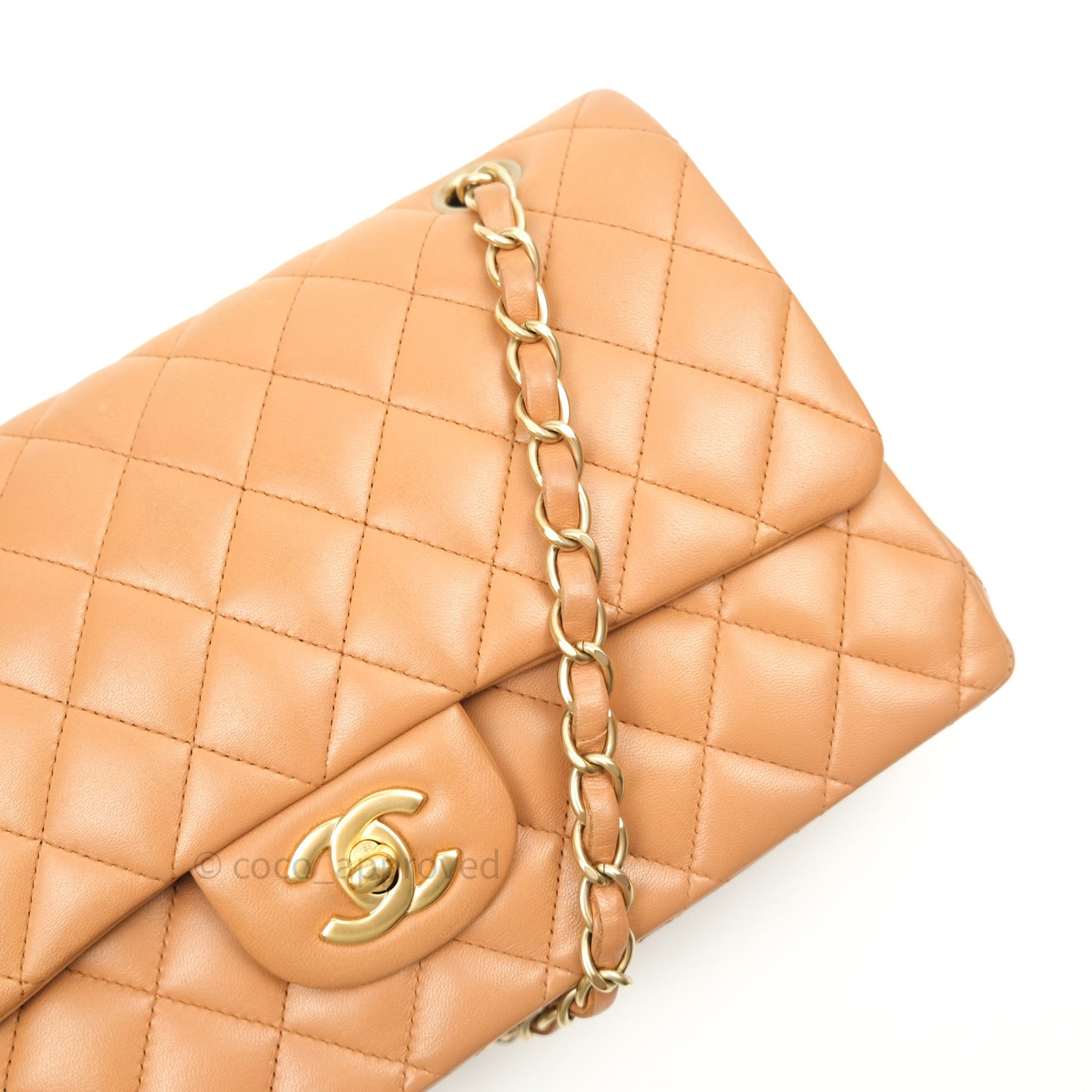 Chanel Classic Flap Bag M/L Size in Beige Lambskin Leather with Gold Hardware - Perfect for Everyday Luxury & Special Occasions