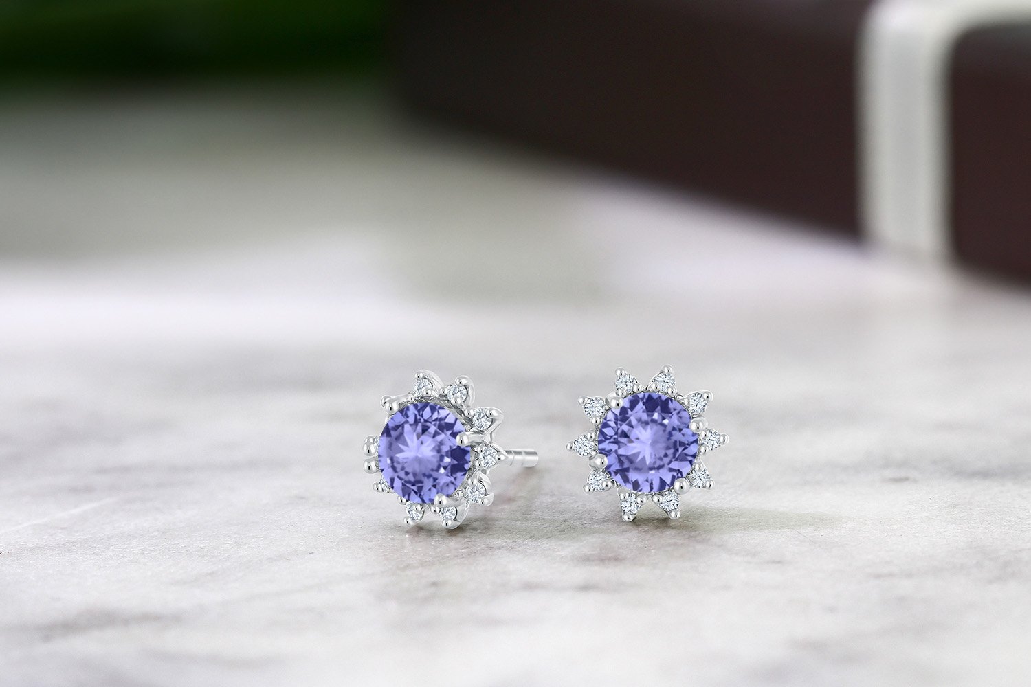 Gem Stone King 18K White Gold Gemstone Birthstone & Diamond Stud Earrings for Women | Elegant Halo Design | Perfect for Weddings, Anniversaries & Special Occasions