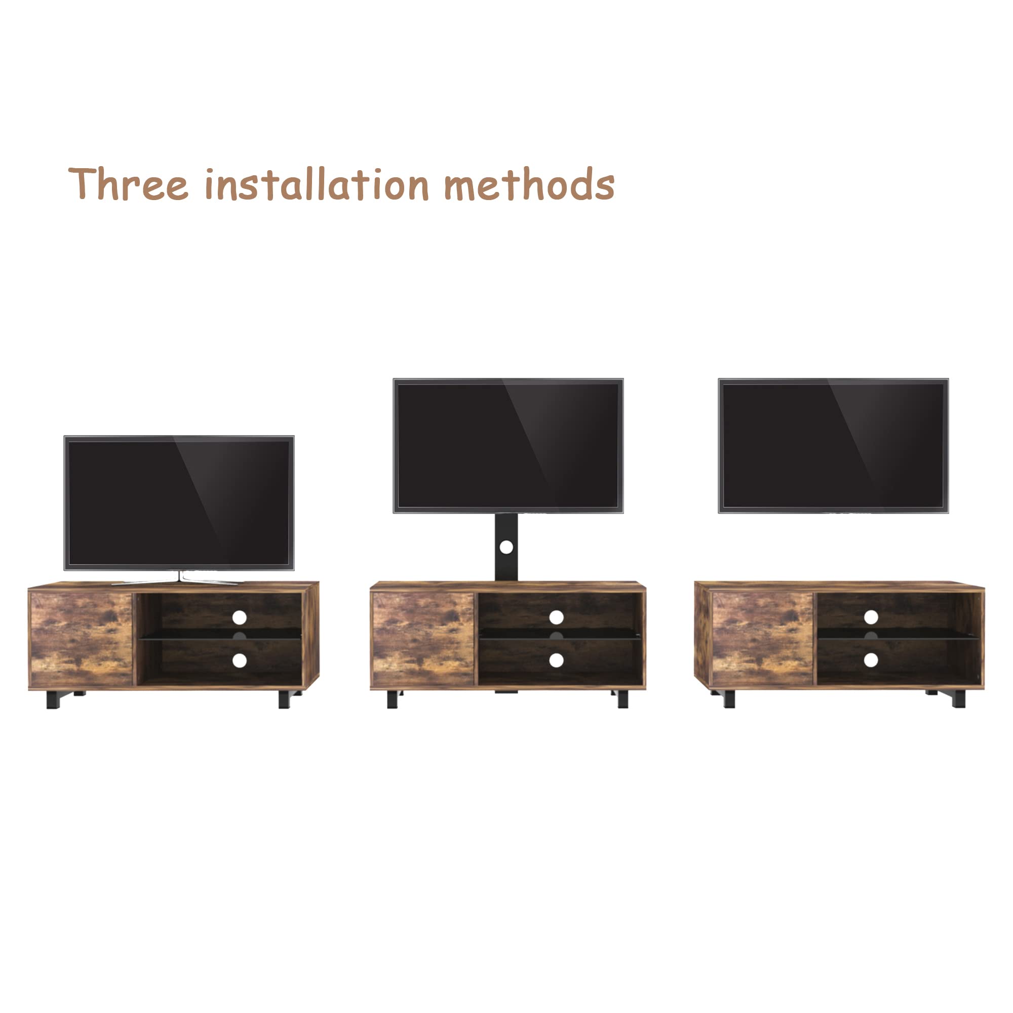 Rustic Brown Wooden TV Stand for 50-65 Inch TVs - Heavy Duty Metal Frame, Adjustable Height, Swivel Base & Tempered Glass - Universal Entertainment Center Holds Up to 110 lbs - Perfect for Living Room, Bedroom & Home Theater Setup