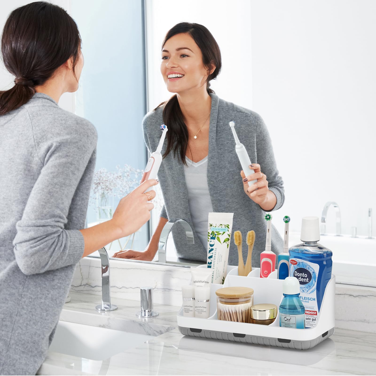 7-Slot Detachable Toothbrush Holder for Bathroom Countertop - Organizer for Kids Electric Toothbrush & Toothpaste Storage | White Bathroom Vanity Accessory | Perfect for Family Bathrooms & Kids' Oral Care Organization