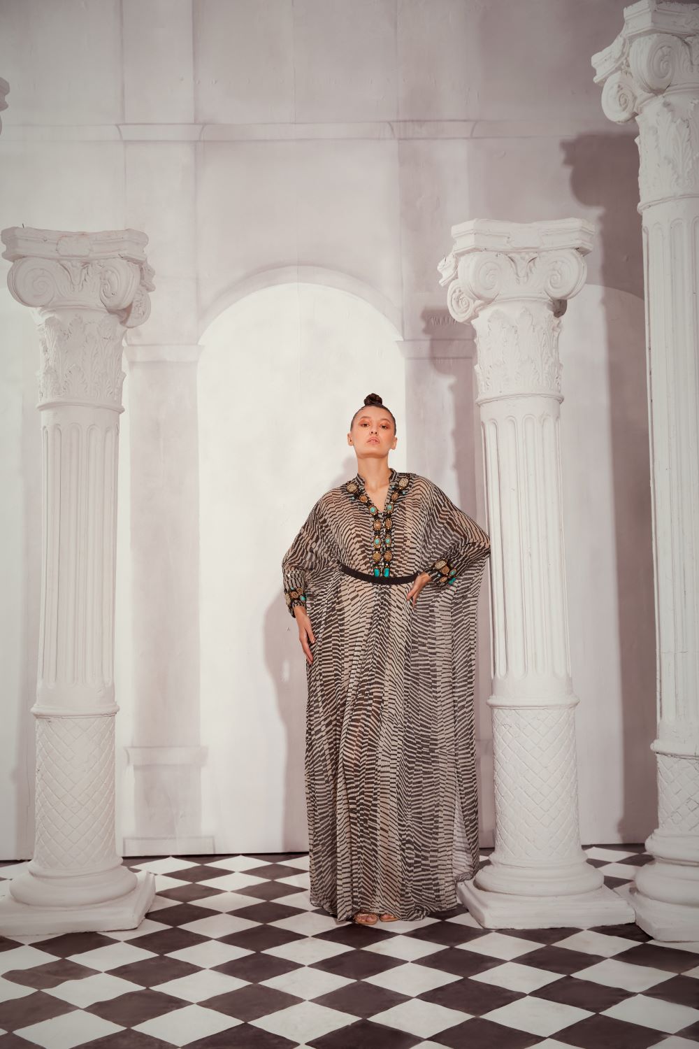 Black & White Byzantine Antique Stone Embellished Kaftan with Belt - Elegant Boho Maxi Dress for Women, Perfect for Beach Cover Up, Evening Parties and Special Occasions