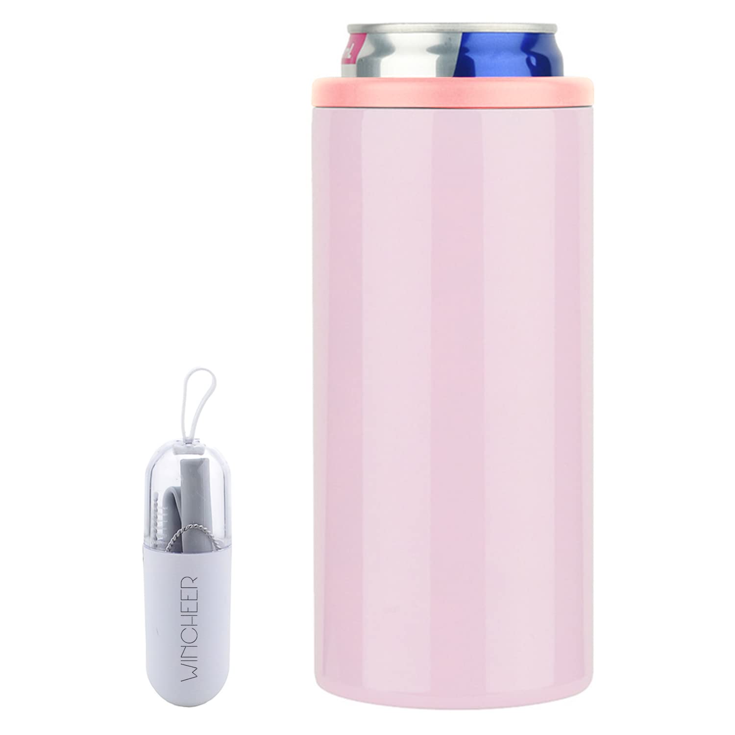 12 Oz Slim Can Cooler with Reusable Straw - Double-Walled Vacuum Insulated Stainless Steel Beer & Soda Holder - Perfect for Energy Drinks, Iced Coffee & Outdoor Parties