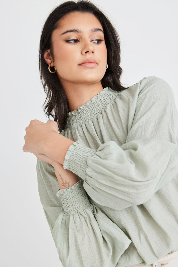 Embrace Sage Crinkle Long Sleeve High Neck Blouse with Shirred Detail & Puff Sleeves - Elegant Women's Tops for Work, Date Night & Special Occasions