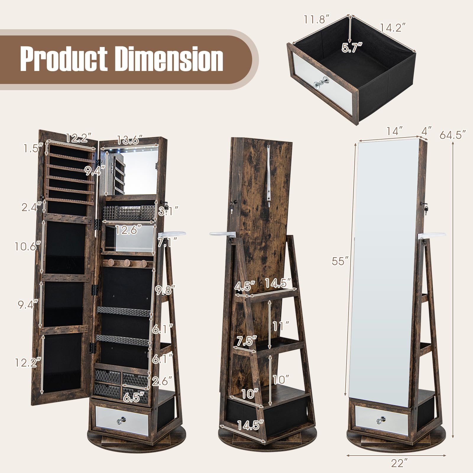 CHARMAID 360° Swivel Jewelry Cabinet Armoire with Full Length Mirror - 64.5