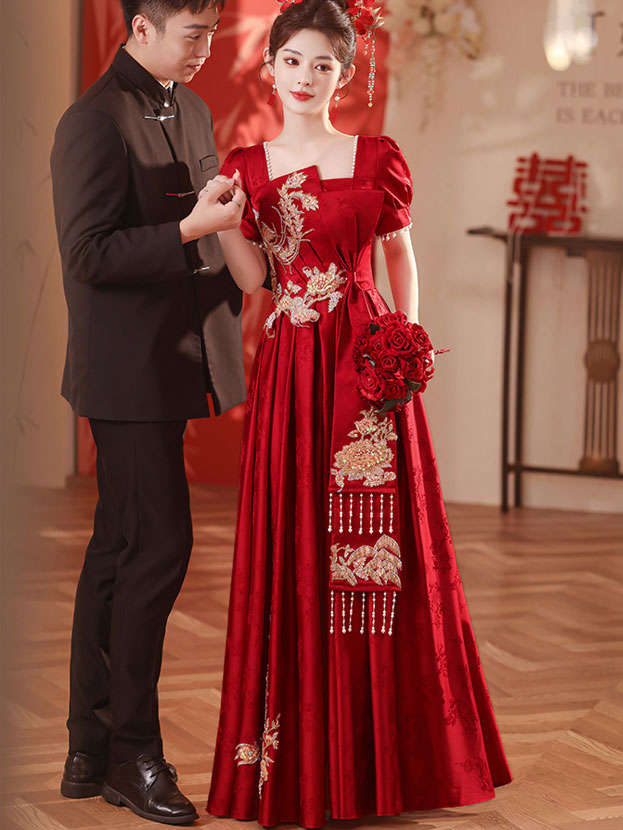 Elegant Burgundy Sequins Phoenix A-Line Maxi Wedding Dress for Bride - Perfect for Evening Galas, Prom, and Formal Occasions