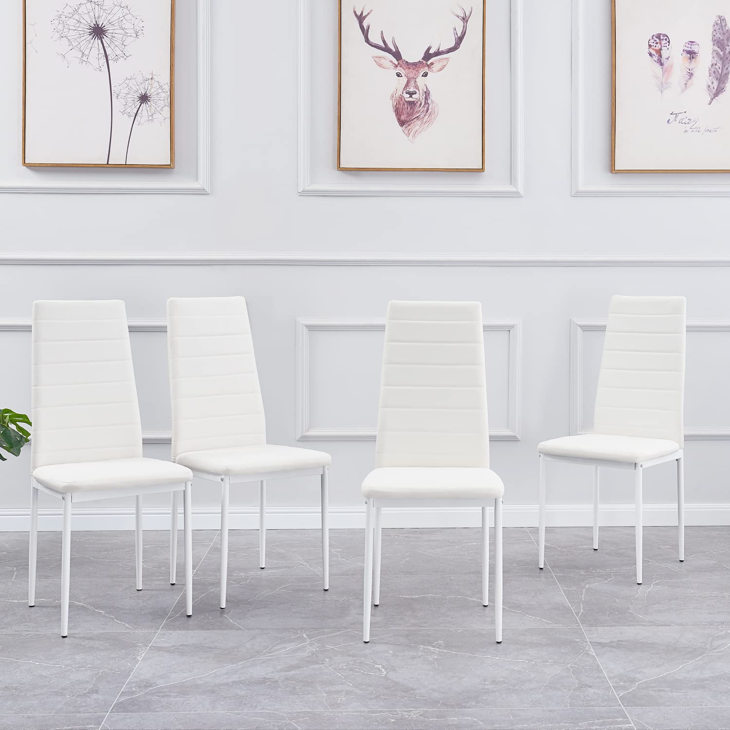 4-Pack White Upholstered Dining Chairs Set - Modern PU Leather Side Chairs with Metal Legs for Kitchen & Dining Room - Washable & Durable for Everyday Use, Dinner Parties & Home Decor