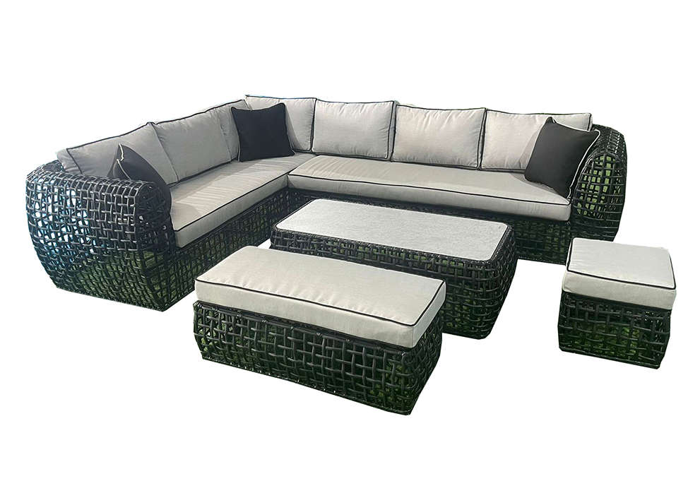 Luxury L-Shaped Rattan Patio Furniture Set with Fire Pit Table - Outdoor Dining & Lounge Seating for Garden, Deck, or Backyard