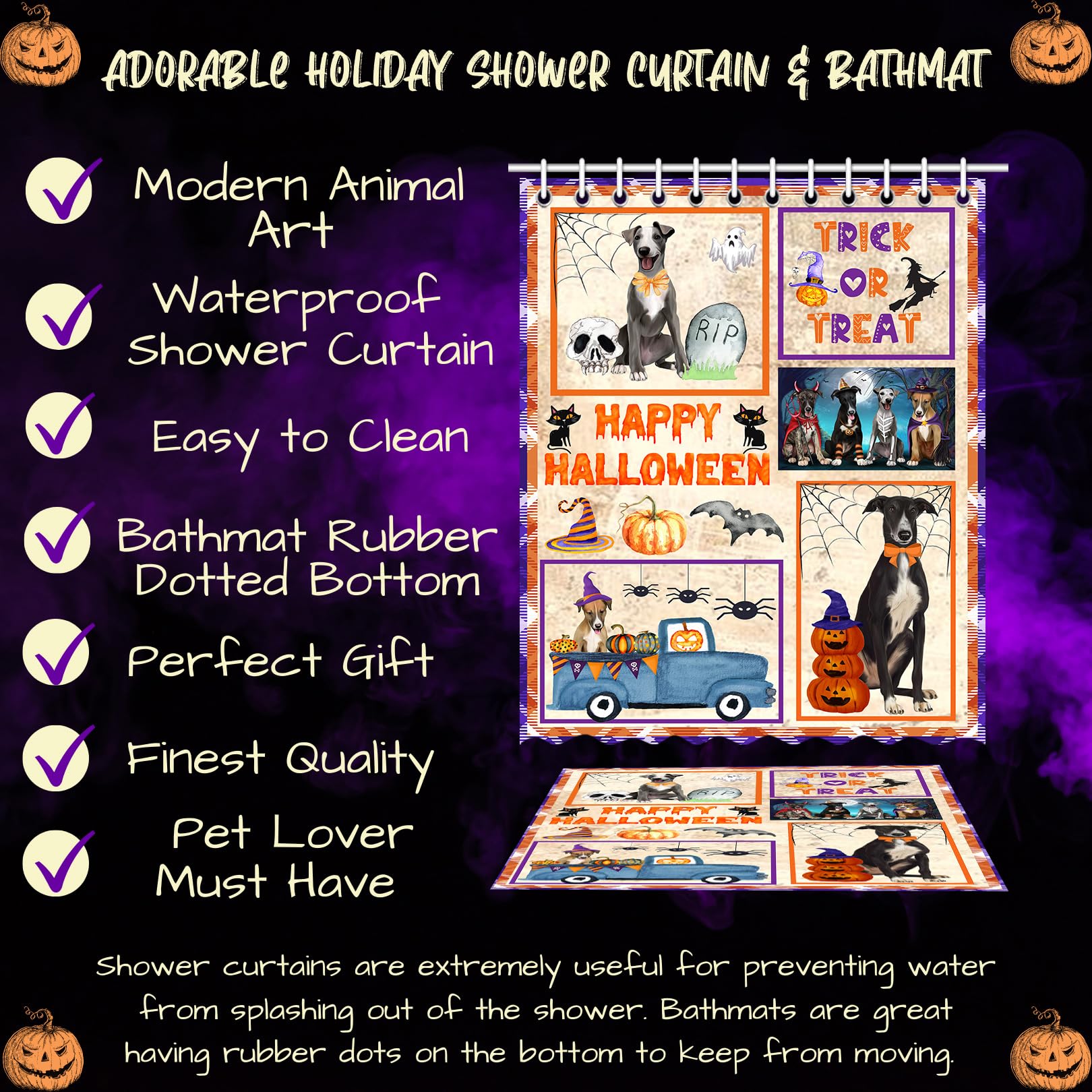 **Halloween Greyhound Dog Bath Mat & Shower Curtain Set - Non-Slip Bathroom Decor, Plush Rug & Polyester Bathtub Curtain with Hooks (Mat 16