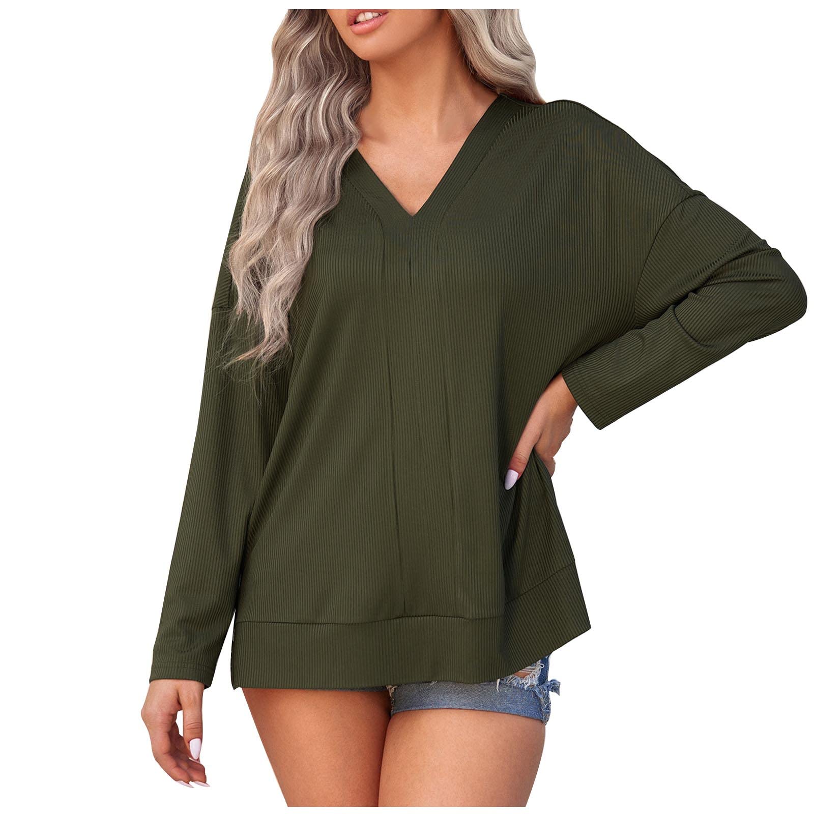 2022 Fall Winter Women's Long Sleeve Pullover Tops - Comfortable Patchwork Splicing Tee Shirt in Green (Perfect for Casual Wear, Office Outfits & Autumn Layering)