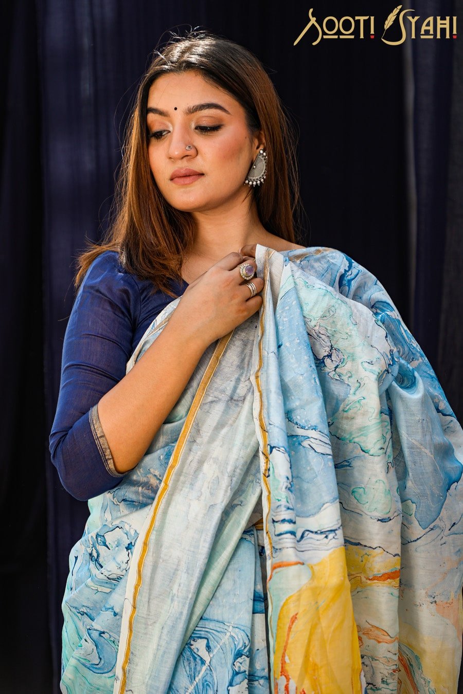 LIBERTY Hand Marble Print Chanderi Silk Saree - Elegant Indian Traditional Dress for Women, Perfect for Weddings, Parties & Festive Occasions