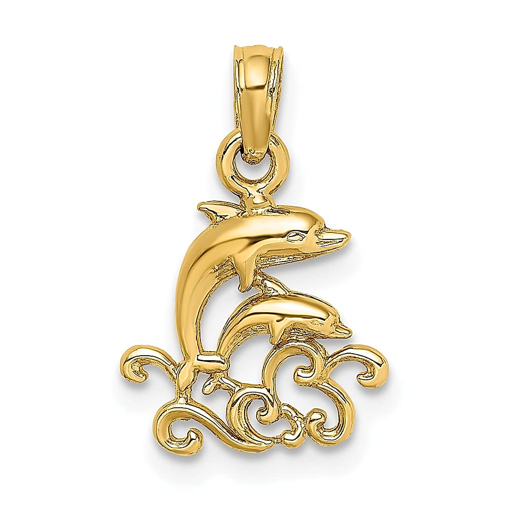 14K Yellow Gold Textured Mini Double Dolphins Waves Charm Necklace Pendant - Ocean Themed Sea Life Jewelry for Women - Perfect Birthday Gift, Anniversary Present & Beach Vacation Accessory