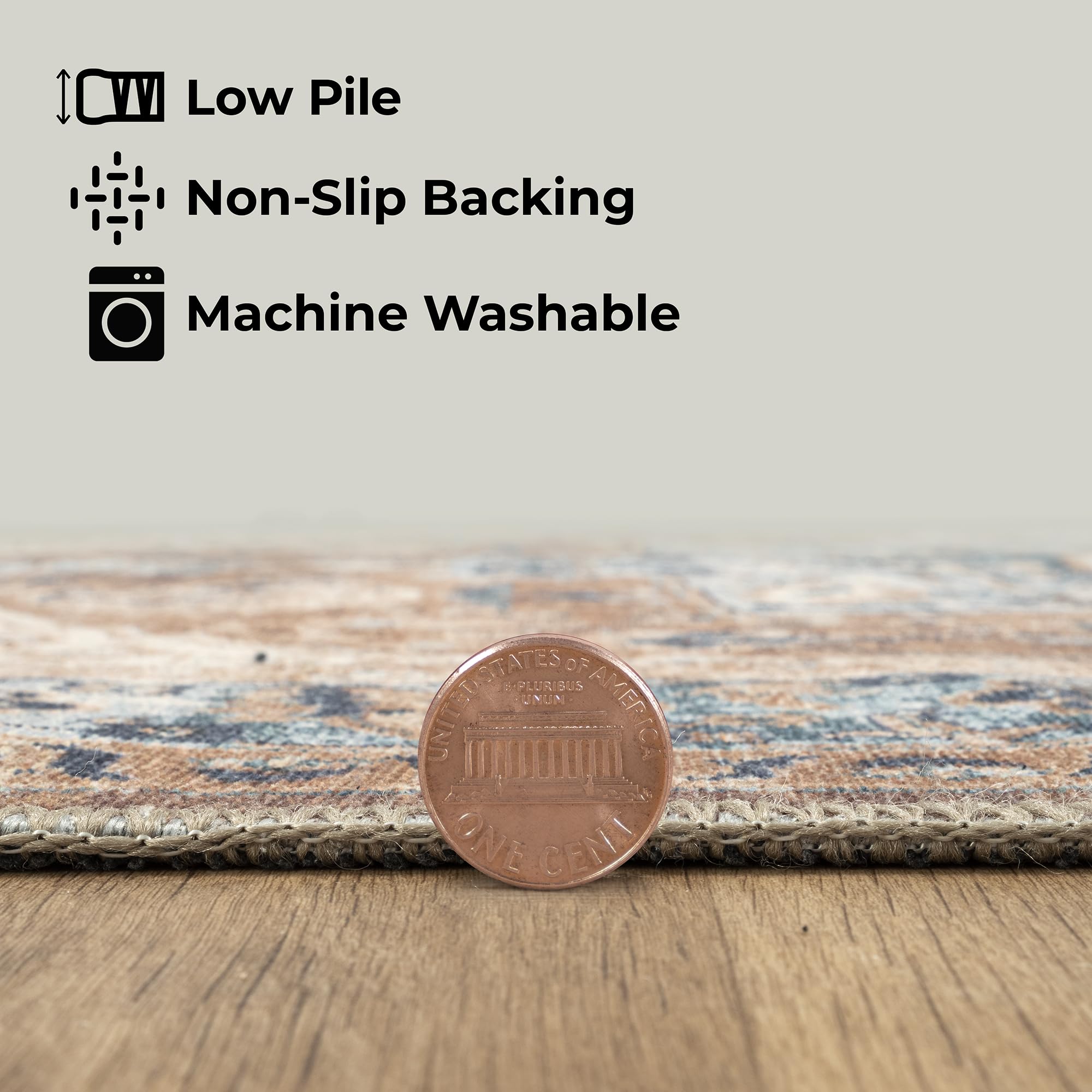 GLN Rugs Vintage Collection - Machine Washable Non-Slip Low Pile Area Rug for Living Room, Bedroom & Bathroom - Easy Clean 9'5