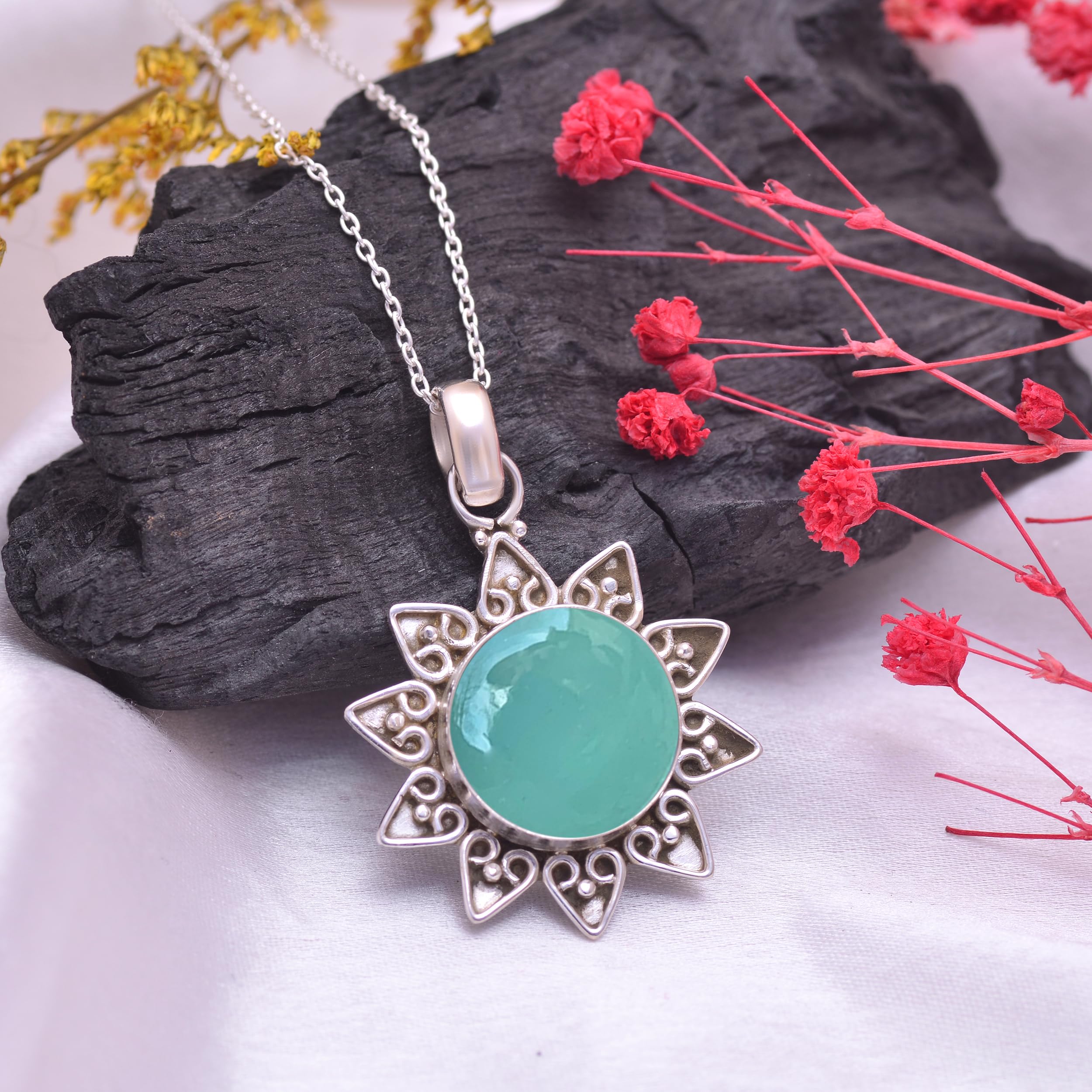 Aqua Chalcedony Pendant Necklace for Women - 925 Sterling Silver 18