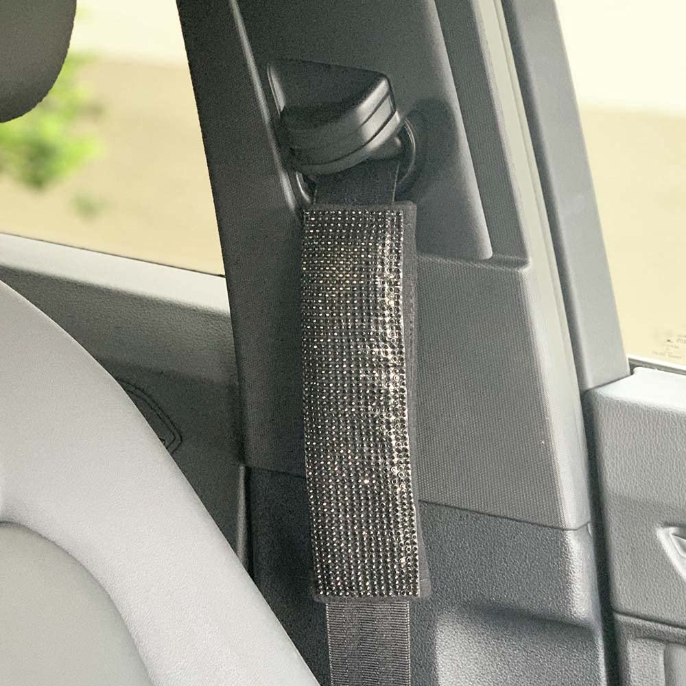 4X Seat Belt Shoulder Pads - Bling Black Crystal Car Pillow Cushion Cover - Comfortable & Stylish for Long Drives, Road Trips & Daily Commute
