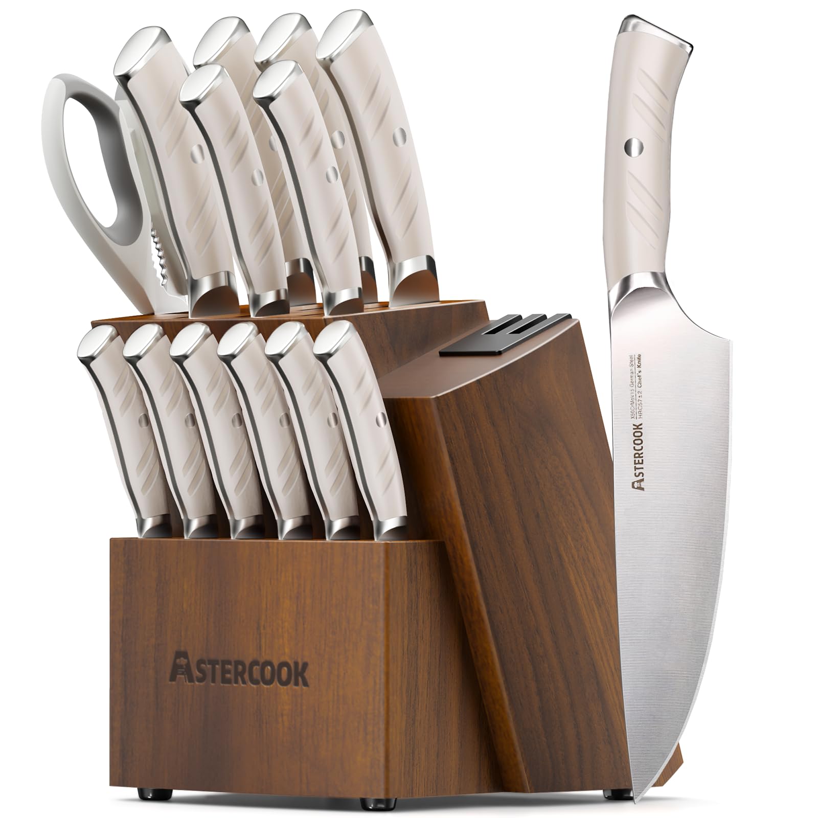 Astercook 15-Piece German Stainless Steel Knife Set with Wooden Block & Sharpener - Full Tang Kitchen Knives, Dishwasher Safe, Anti-Slip Ergonomic Handles (Elegant White) - Perfect for Home Chefs, Cooking Enthusiasts & Professional Kitchens